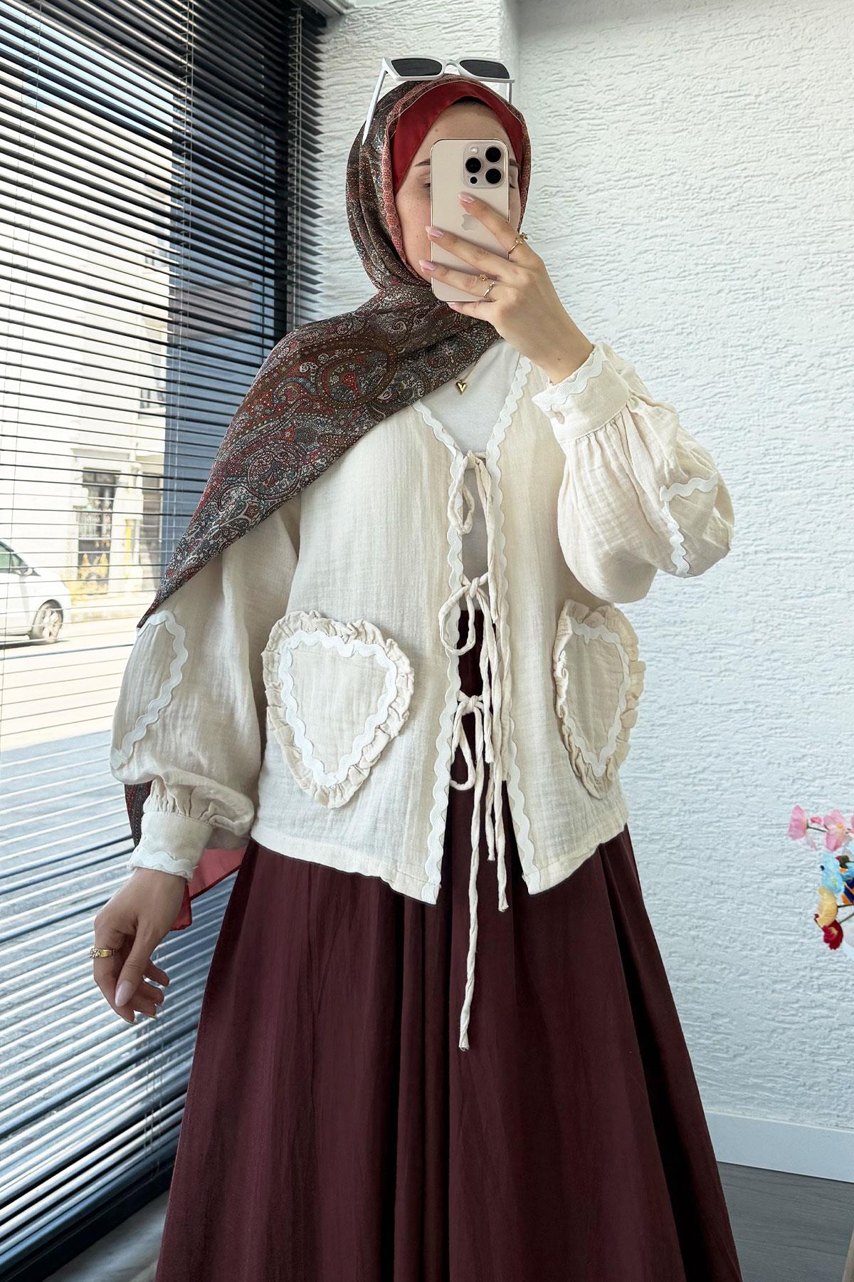 Kalp Form Dikişli Müslin Bağlamalı Kimono -Bej