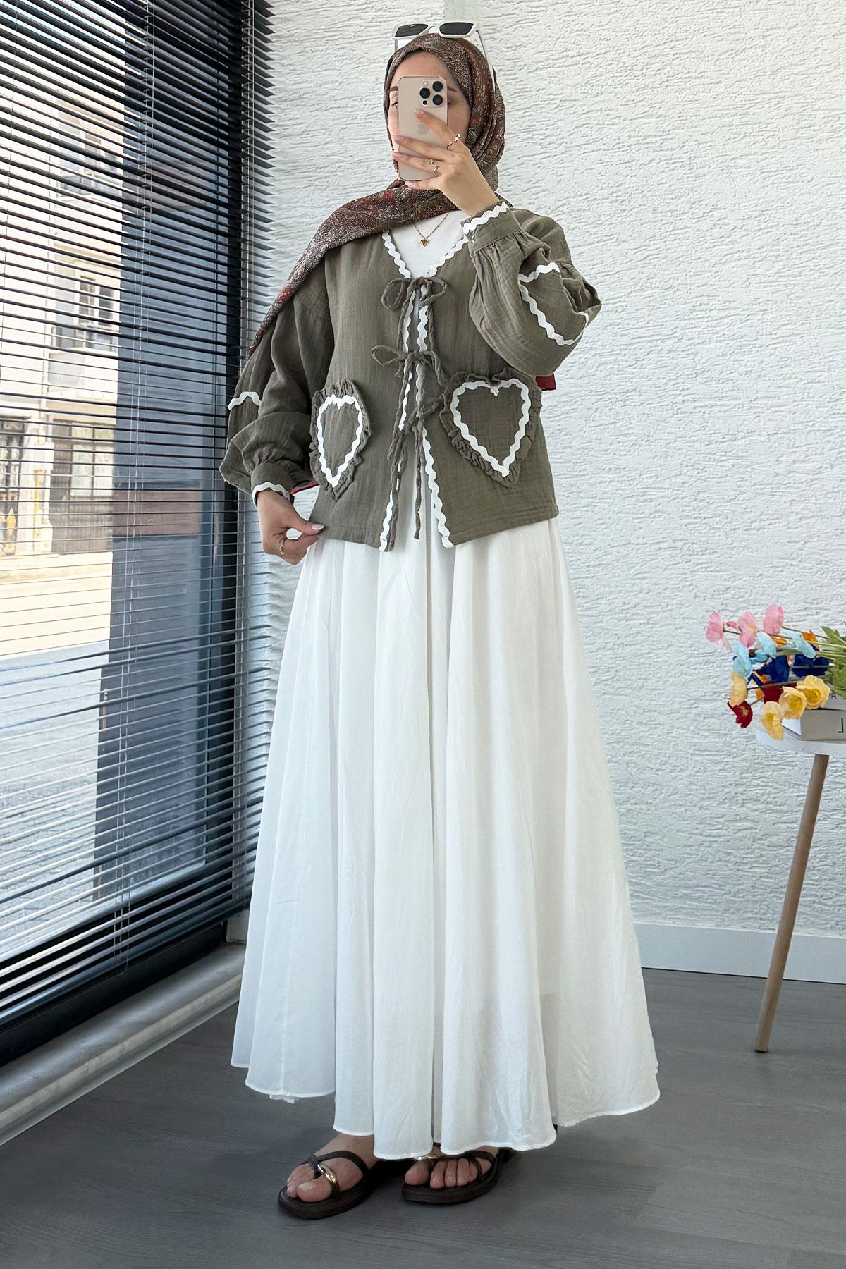 Kalp Form Dikişli Müslin Bağlamalı Kimono -Haki