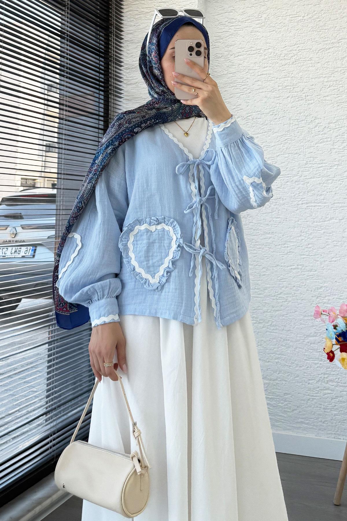 Kalp Form Dikişli Müslin Bağlamalı Kimono -Mavi