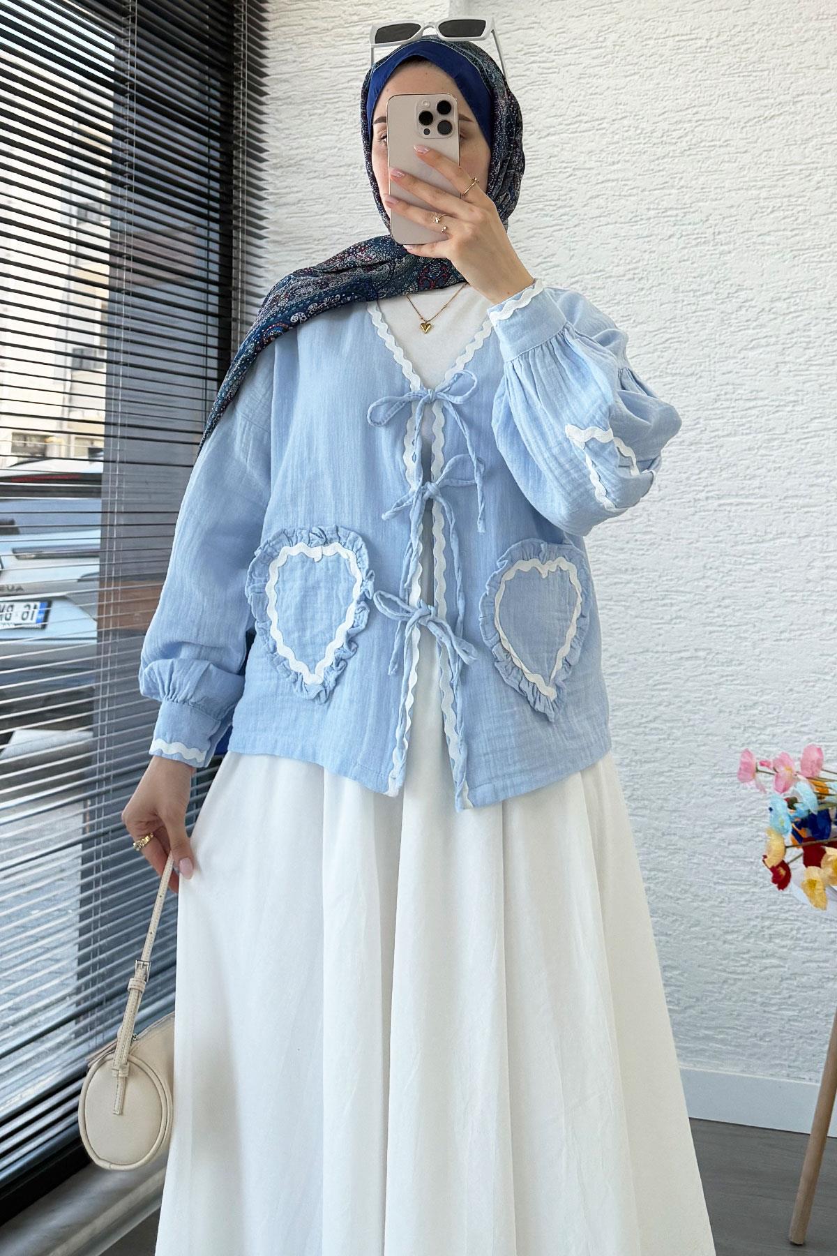 Kalp Form Dikişli Müslin Bağlamalı Kimono -Mavi