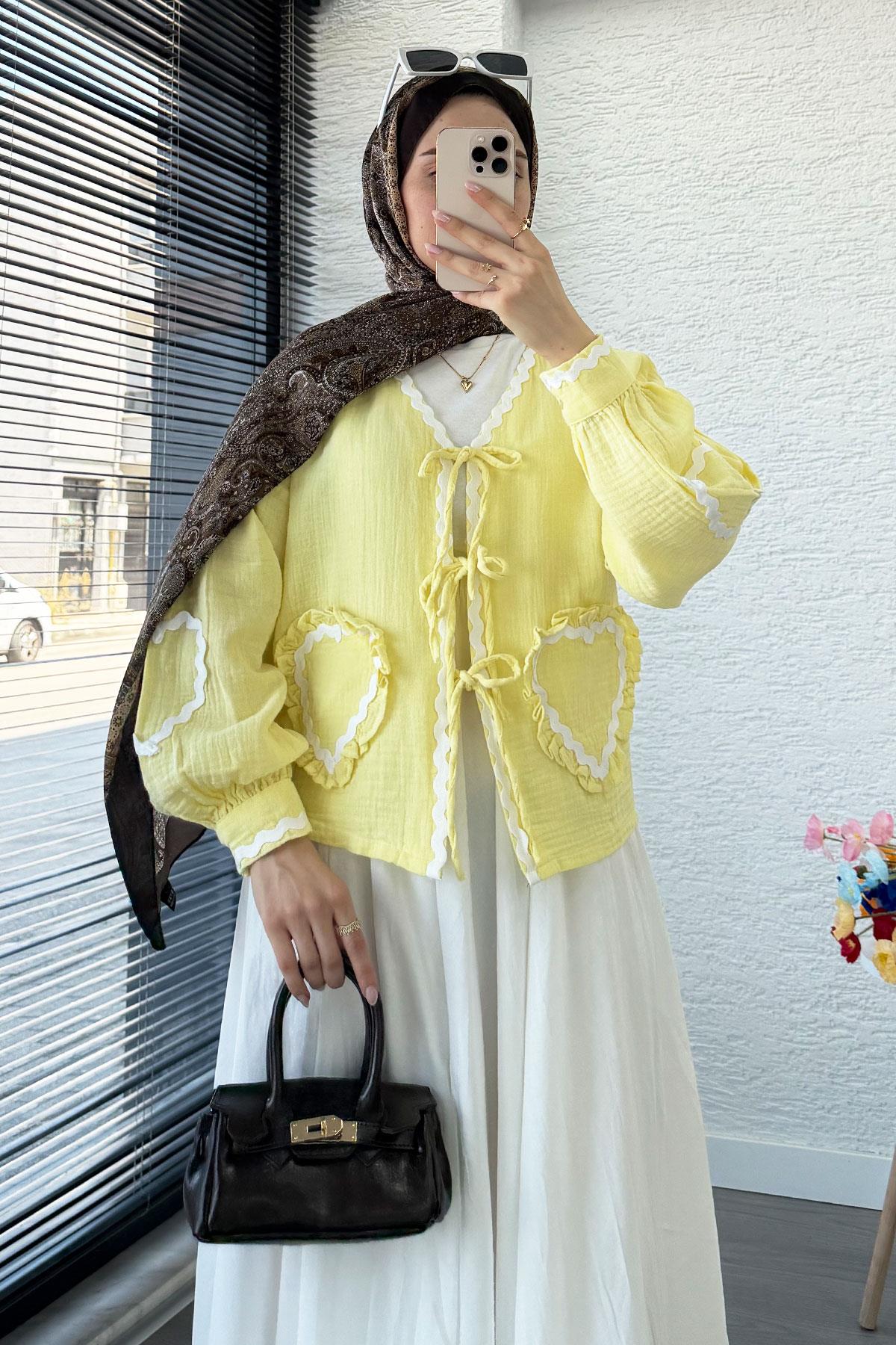 Kalp Form Dikişli Müslin Bağlamalı Kimono -Sarı