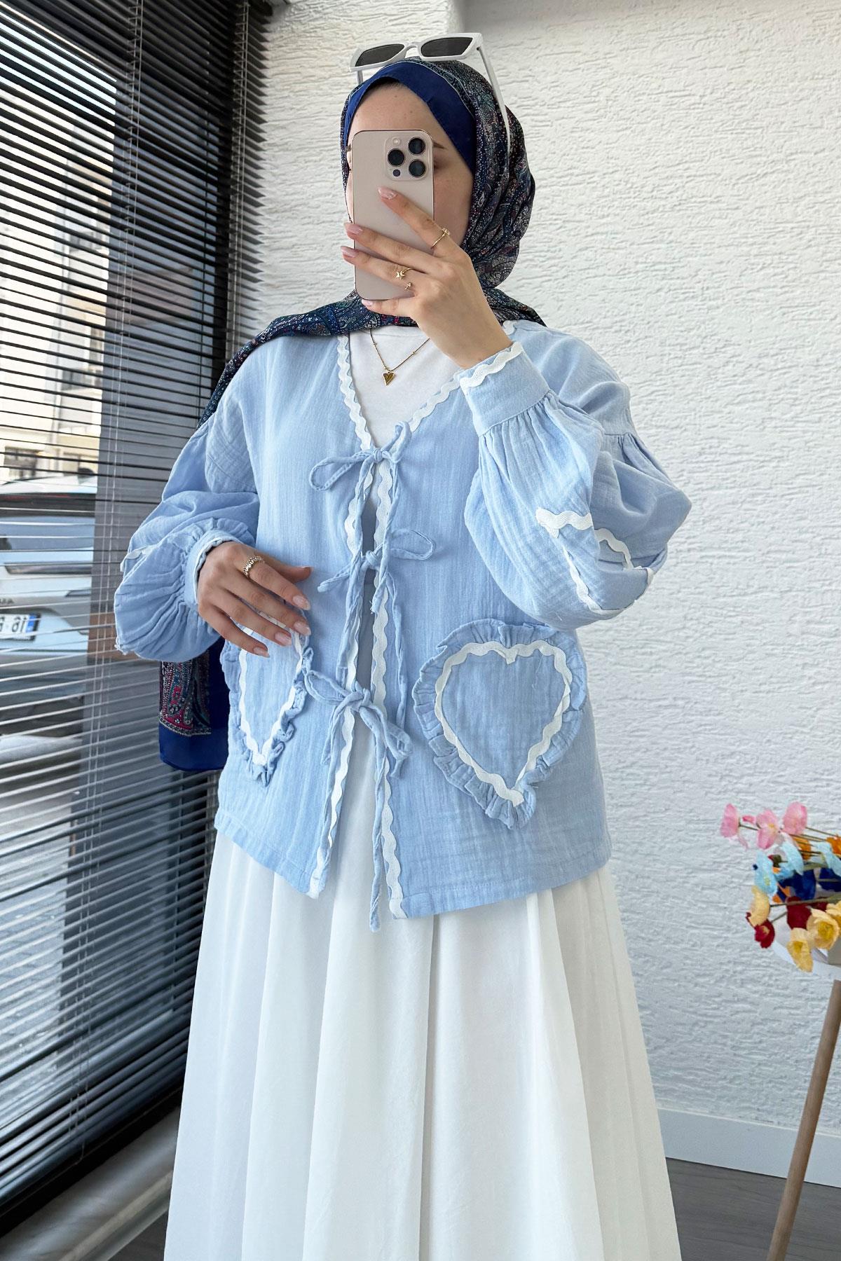 Kalp Form Dikişli Müslin Bağlamalı Kimono -Mavi