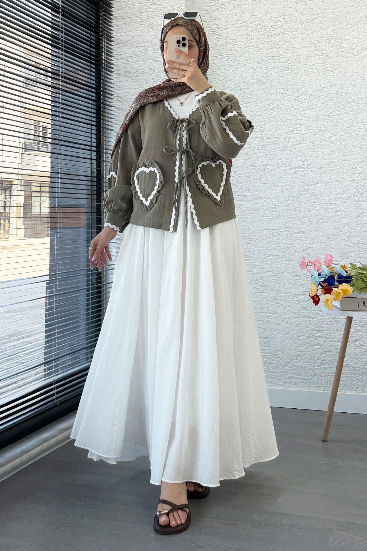 Kalp Form Dikişli Müslin Bağlamalı Kimono -Haki
