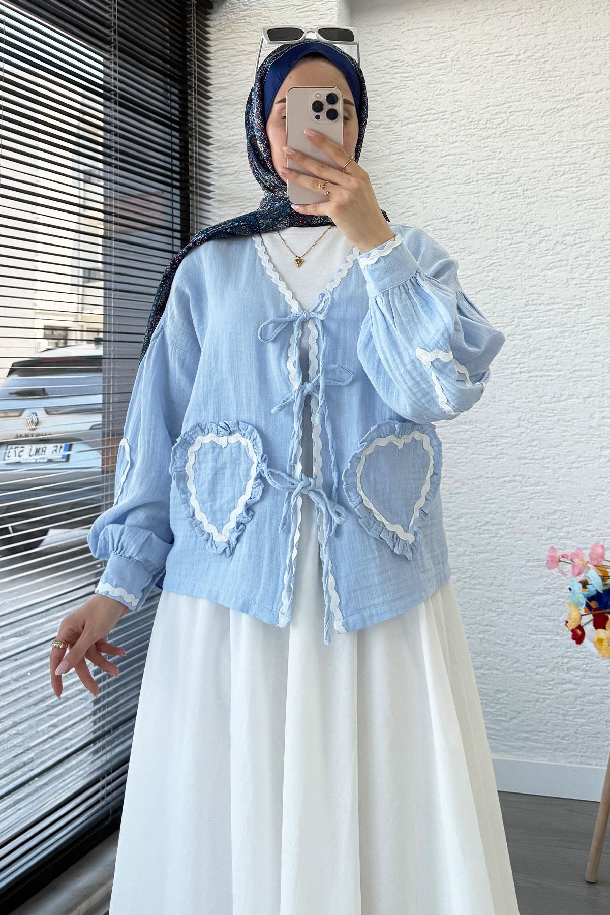 Kalp Form Dikişli Müslin Bağlamalı Kimono -Mavi