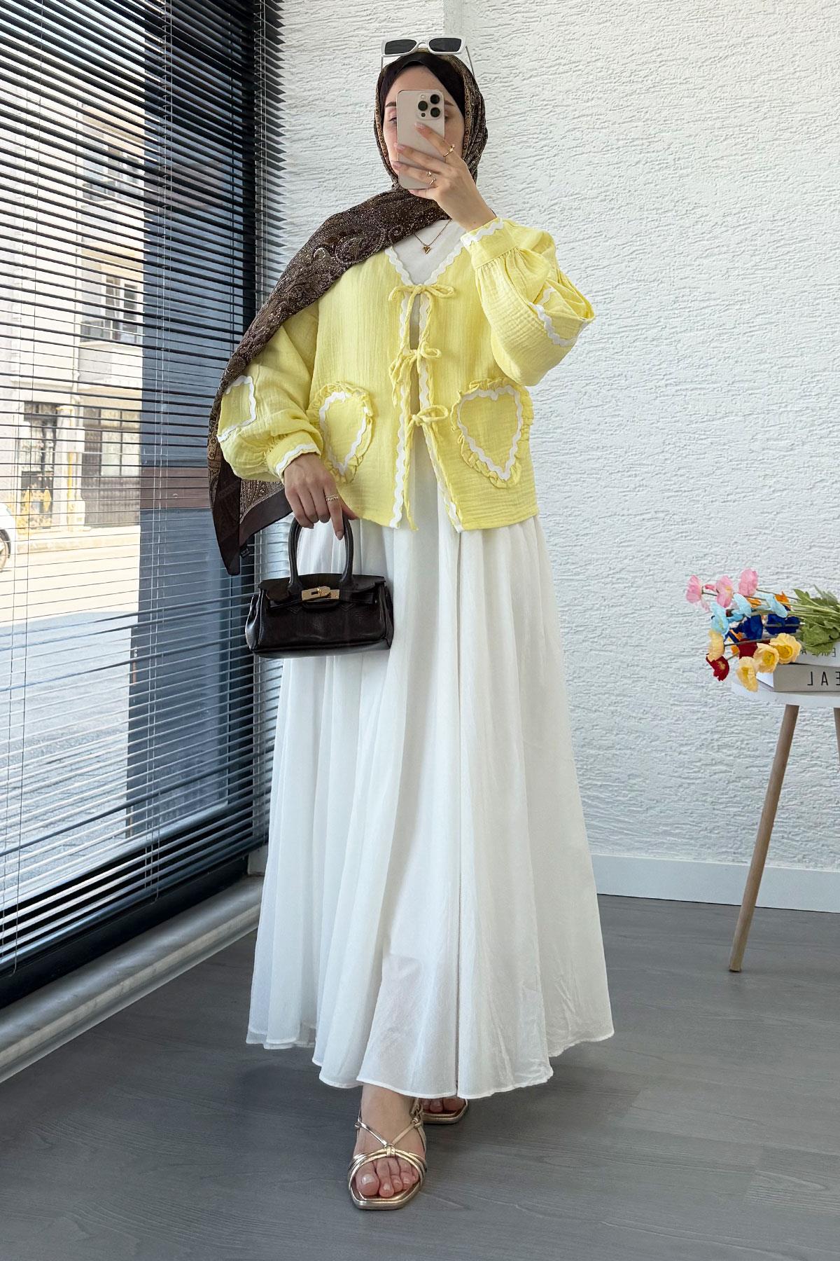 Kalp Form Dikişli Müslin Bağlamalı Kimono -Sarı