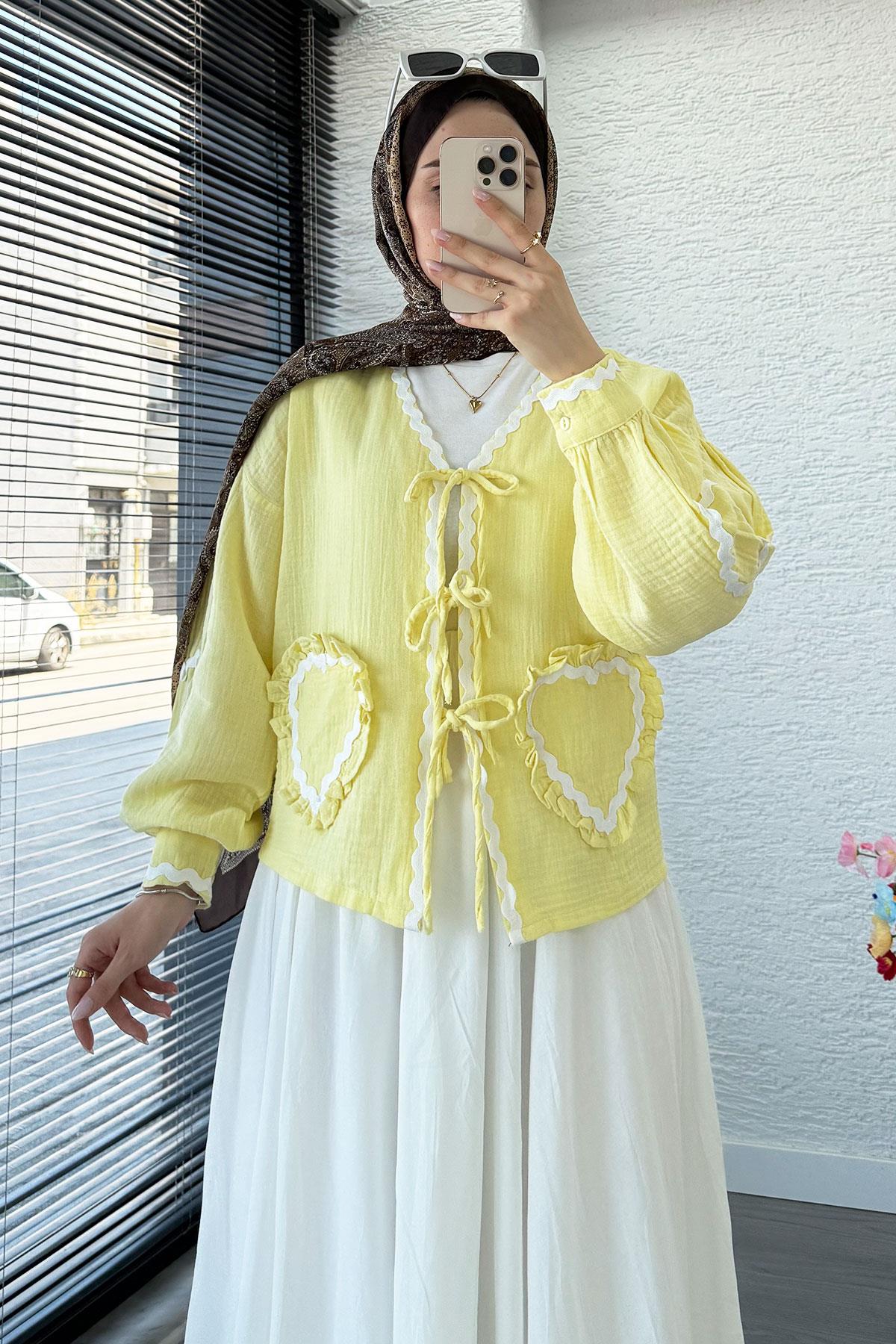 Kalp Form Dikişli Müslin Bağlamalı Kimono -Sarı