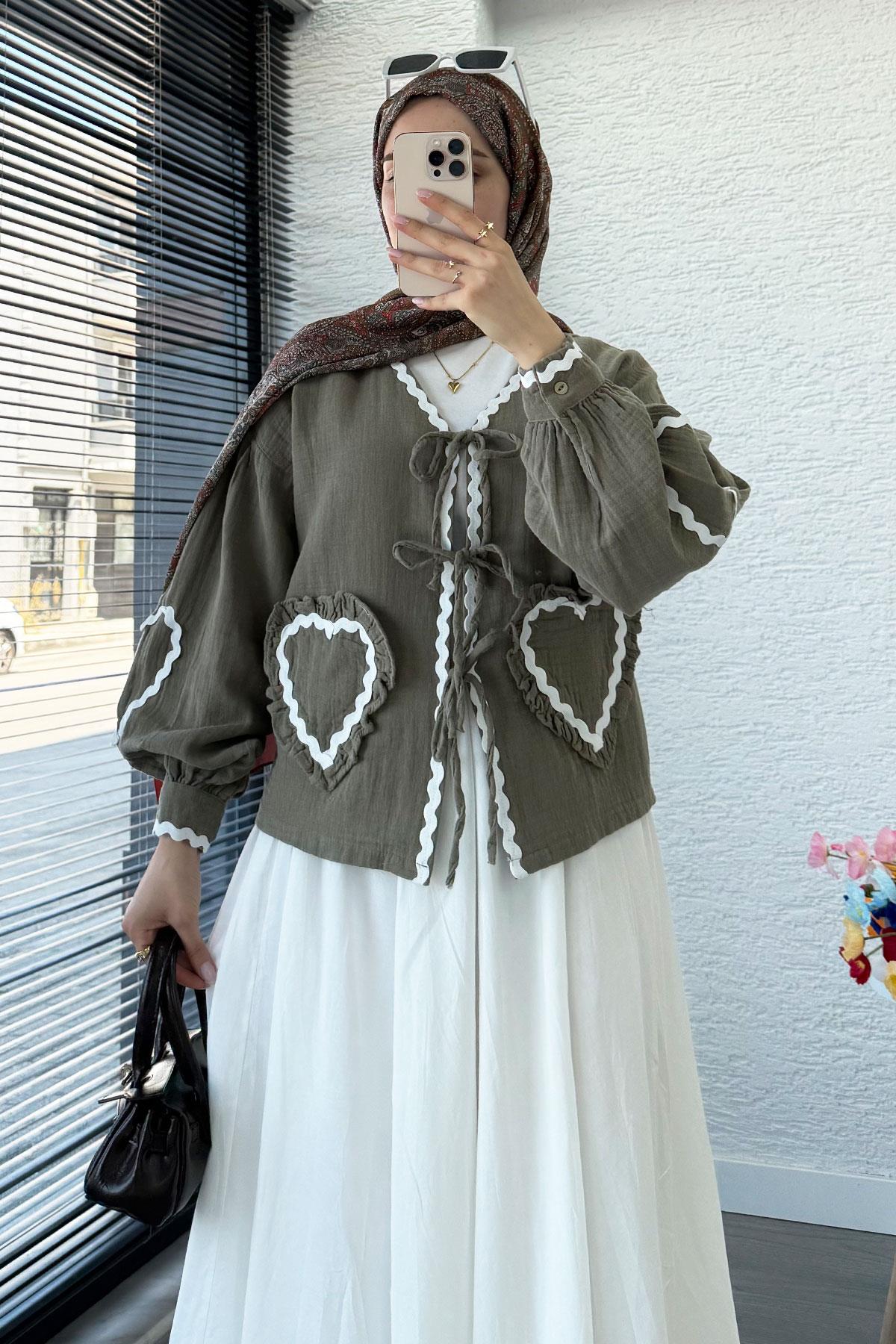 Kalp Form Dikişli Müslin Bağlamalı Kimono -Haki