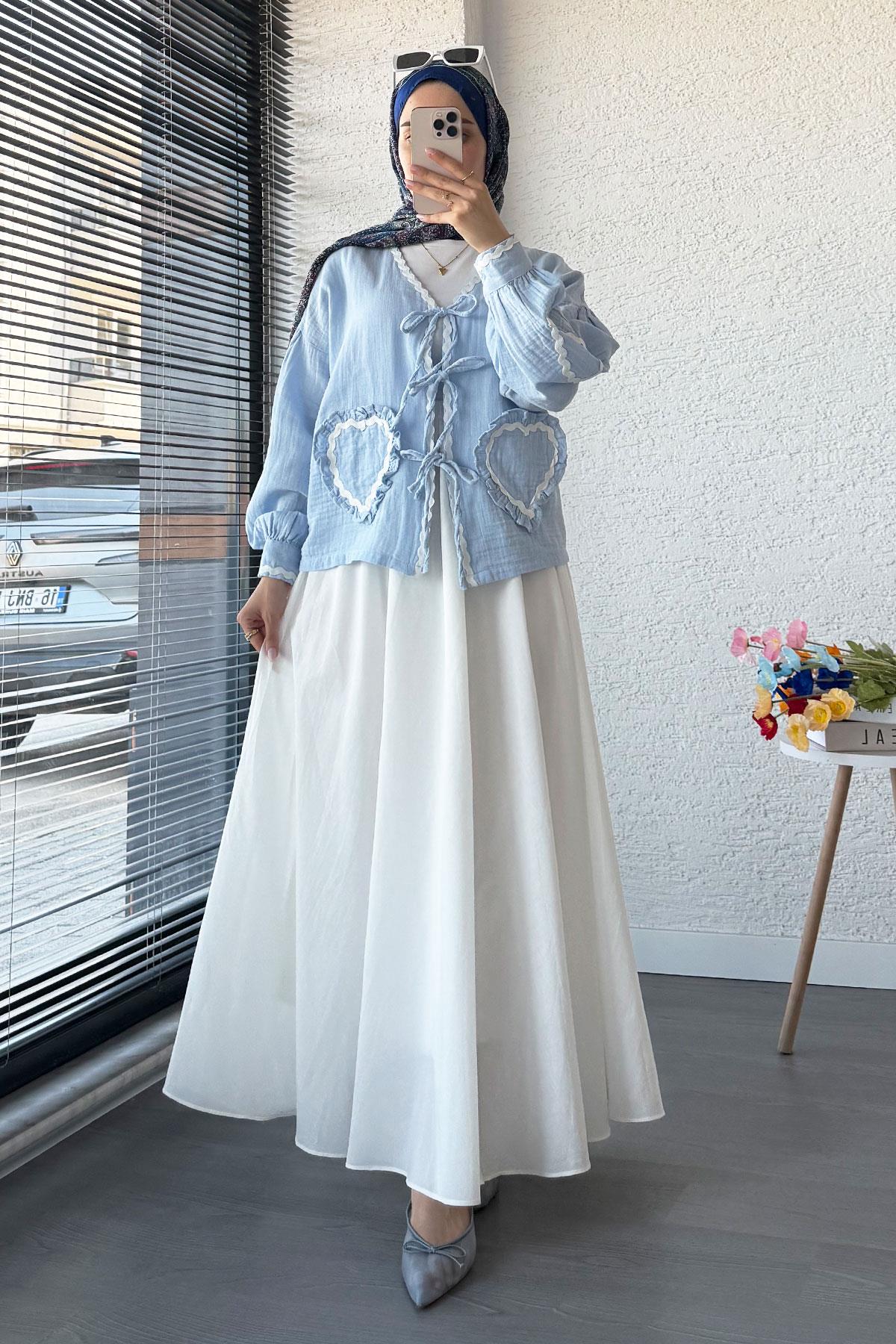 Kalp Form Dikişli Müslin Bağlamalı Kimono -Mavi