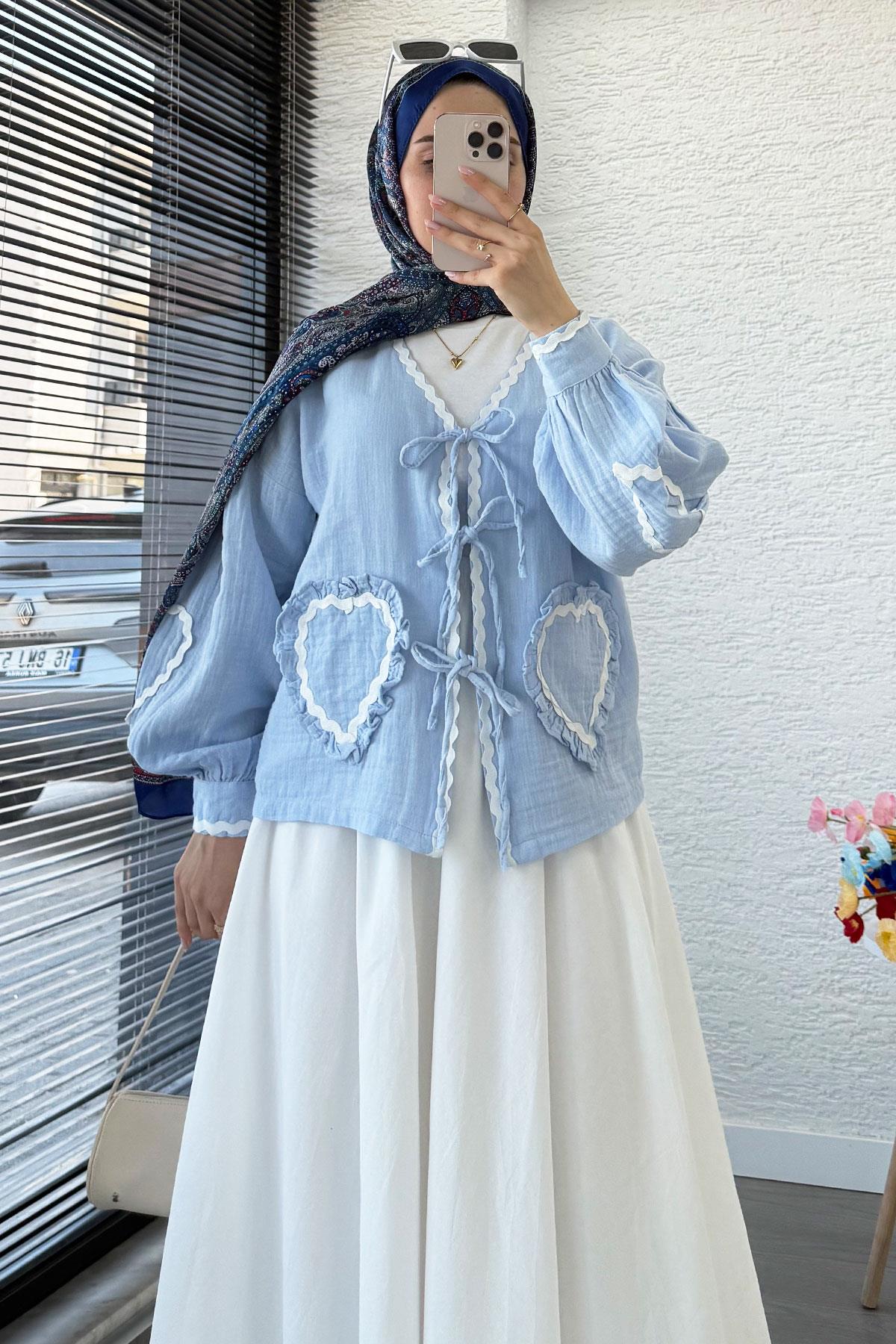 Kalp Form Dikişli Müslin Bağlamalı Kimono -Mavi