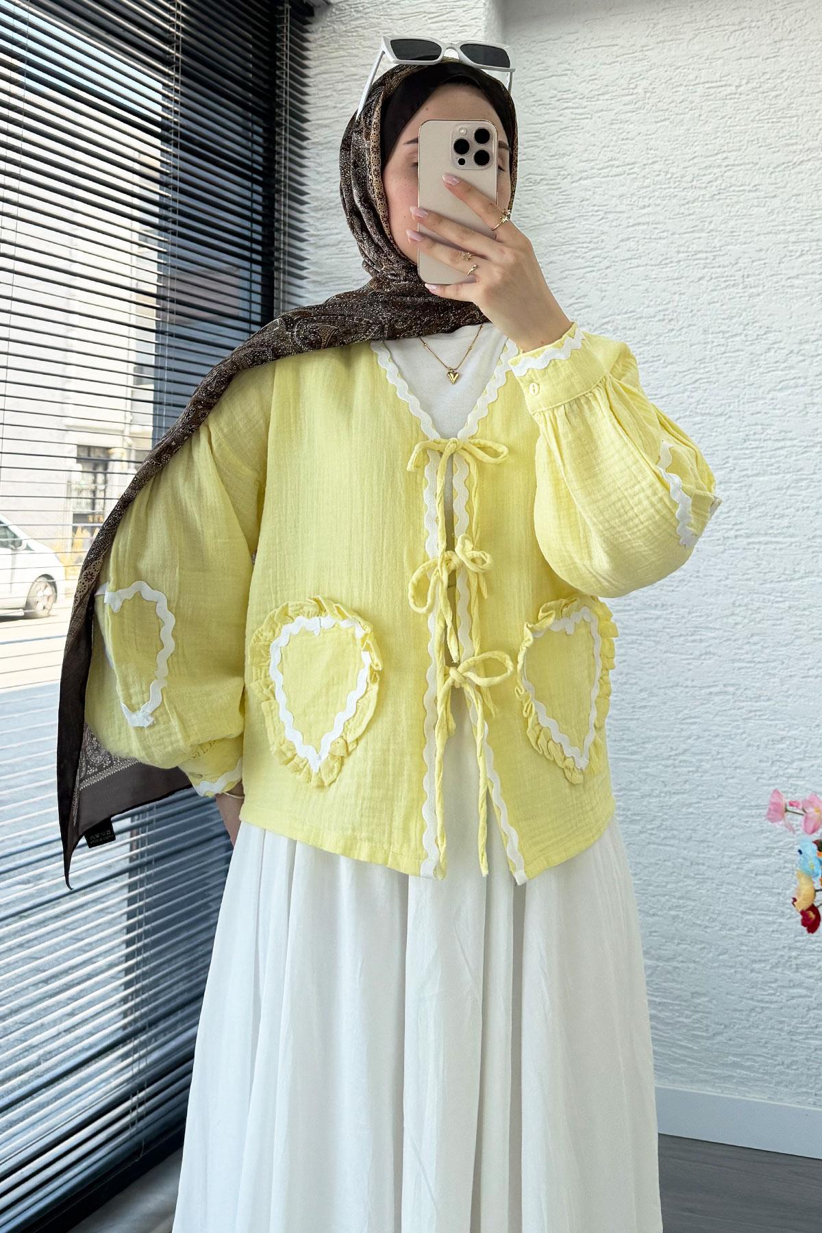 Kalp Form Dikişli Müslin Bağlamalı Kimono -Sarı