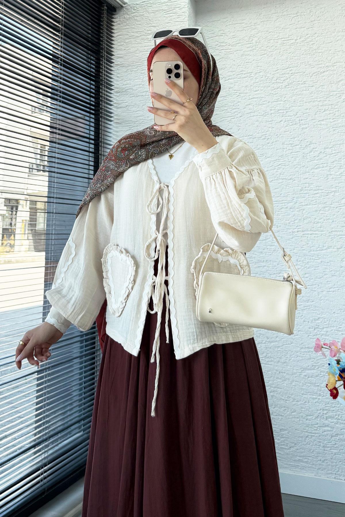 Kalp Form Dikişli Müslin Bağlamalı Kimono -Bej