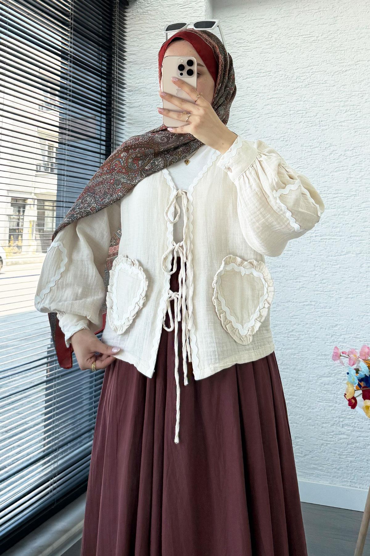 Kalp Form Dikişli Müslin Bağlamalı Kimono -Bej