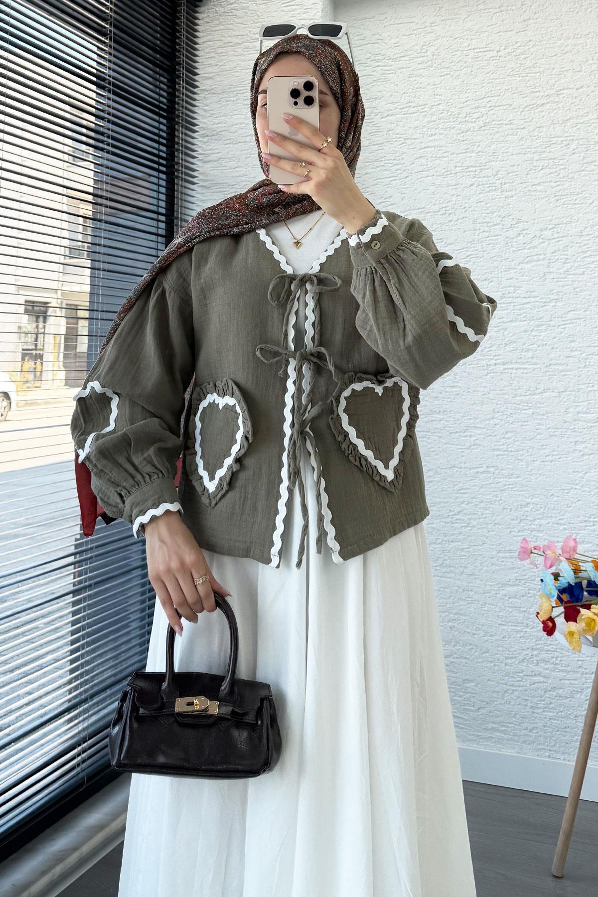 Kalp Form Dikişli Müslin Bağlamalı Kimono -Haki