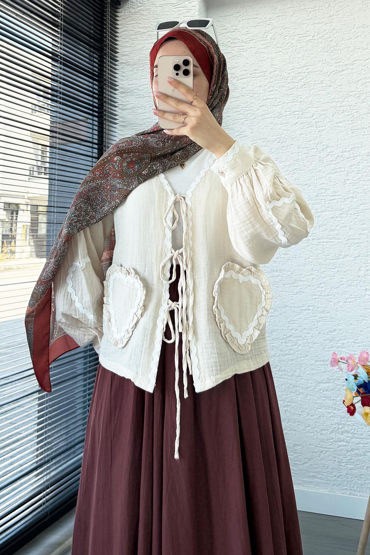 Kalp Form Dikişli Müslin Bağlamalı Kimono -Bej