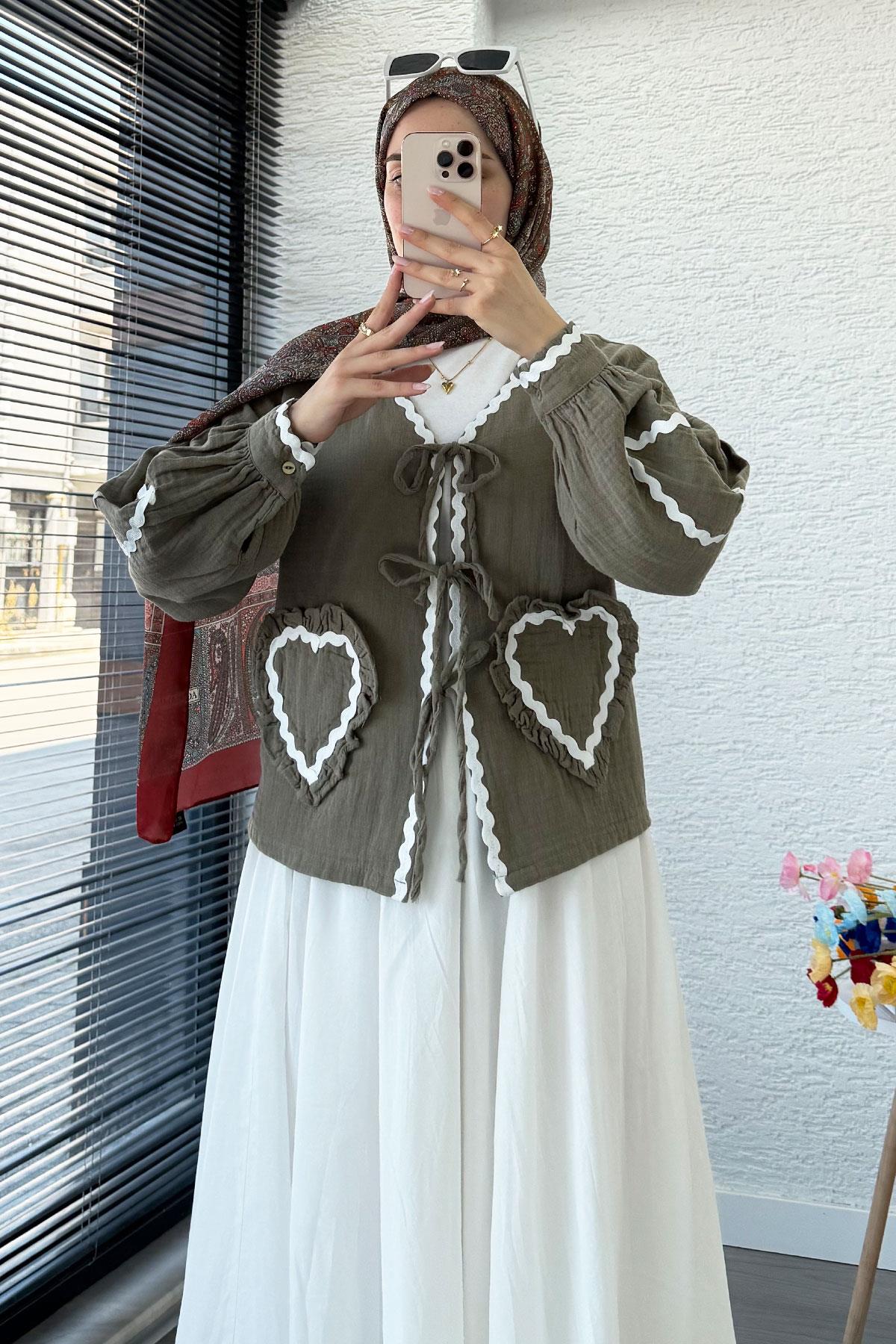 Kalp Form Dikişli Müslin Bağlamalı Kimono -Haki