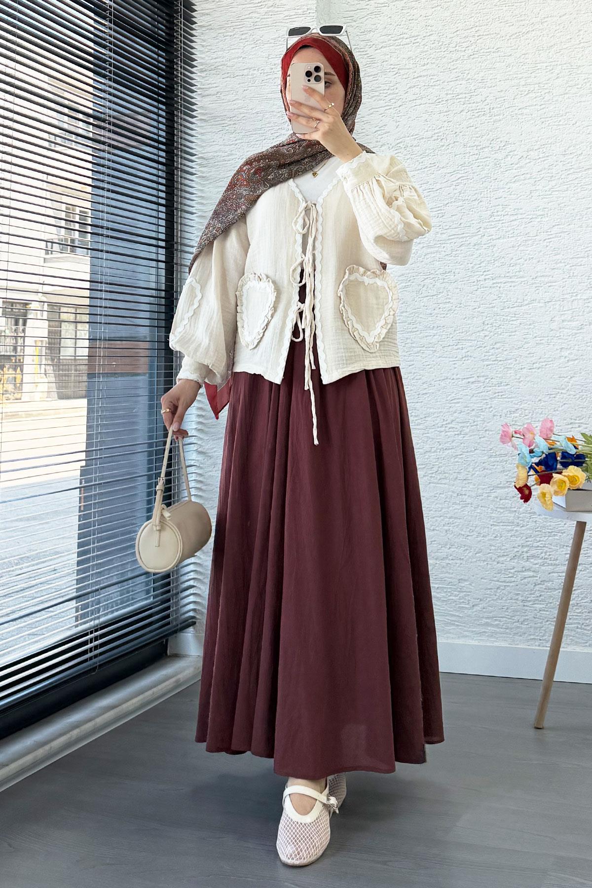 Kalp Form Dikişli Müslin Bağlamalı Kimono -Bej
