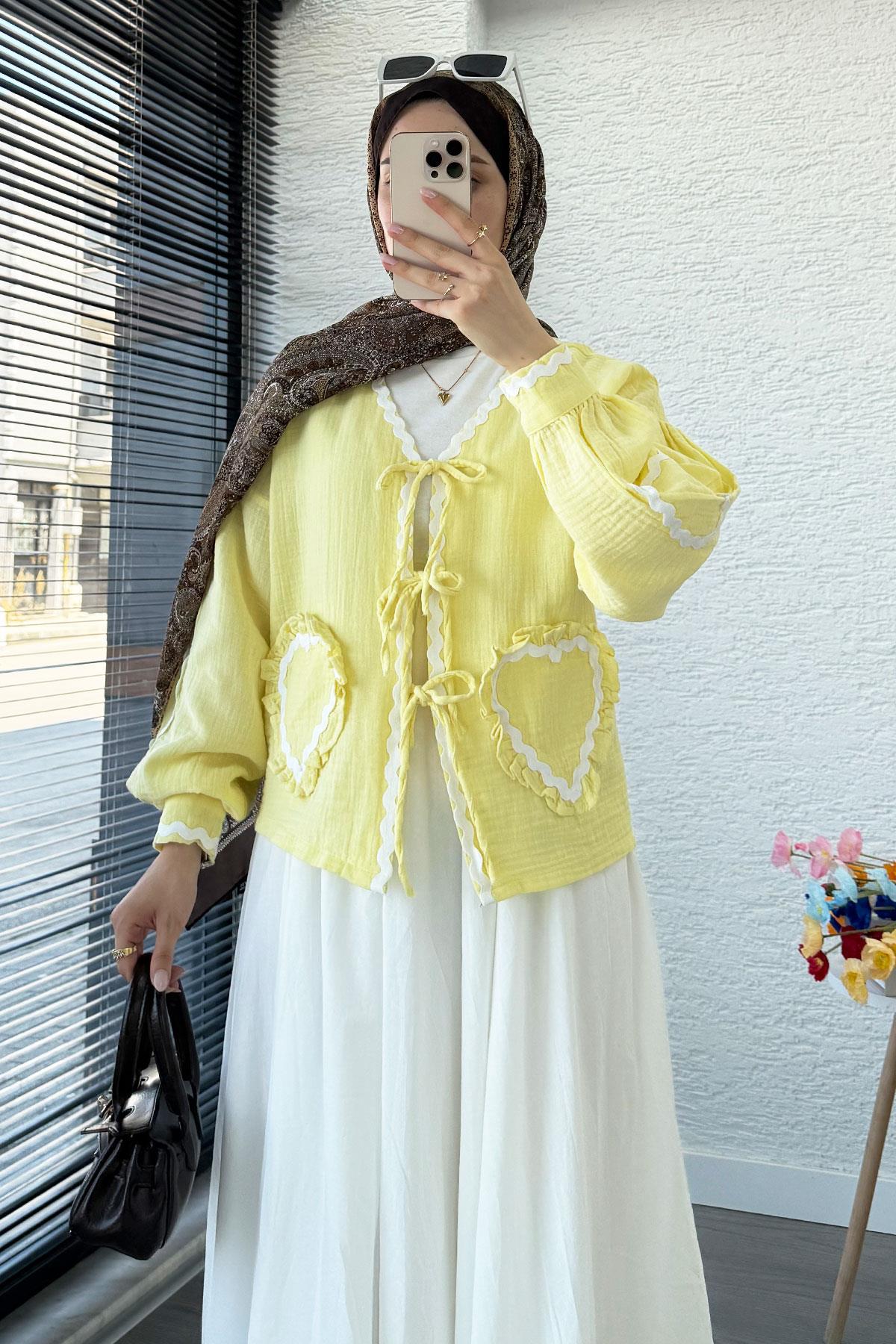 Kalp Form Dikişli Müslin Bağlamalı Kimono -Sarı