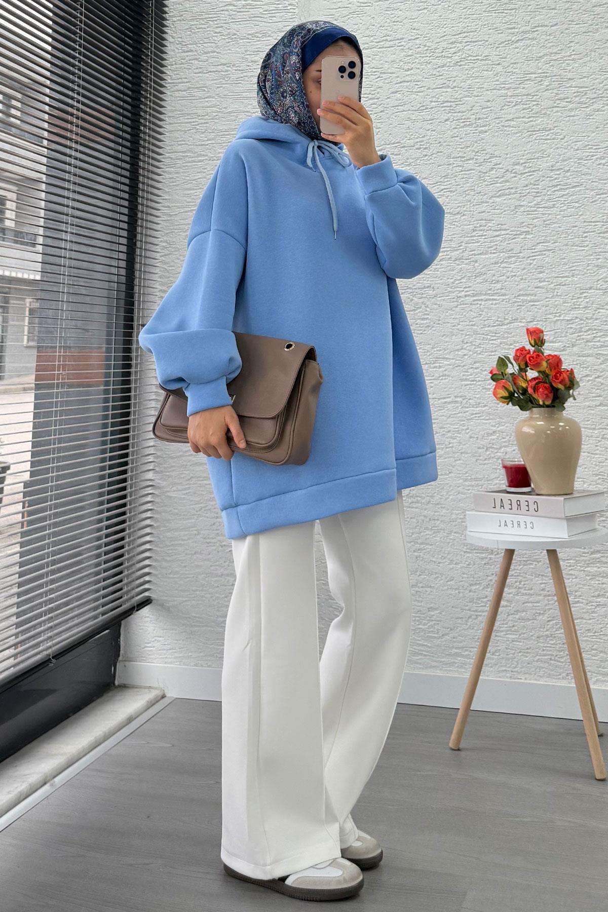 Kapüşonlu Oversize Kadın Sweatshirt - Bebe Mavi