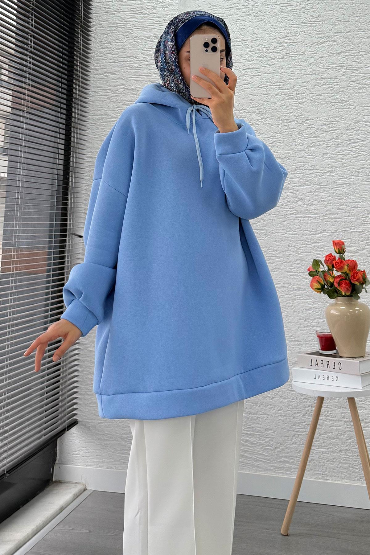 Kapüşonlu Oversize Kadın Sweatshirt - Bebe Mavi