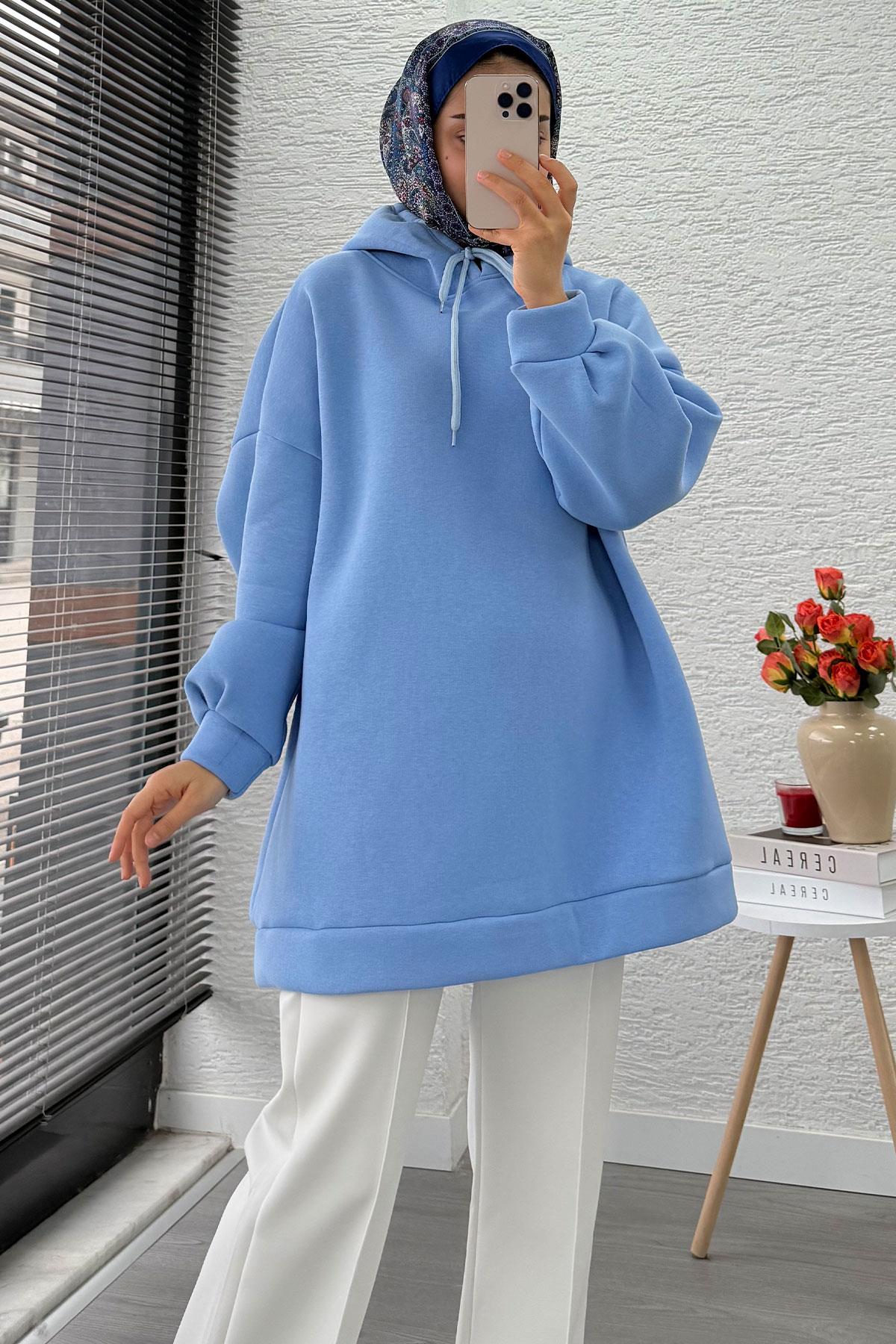 Kapüşonlu Oversize Kadın Sweatshirt - Bebe Mavi
