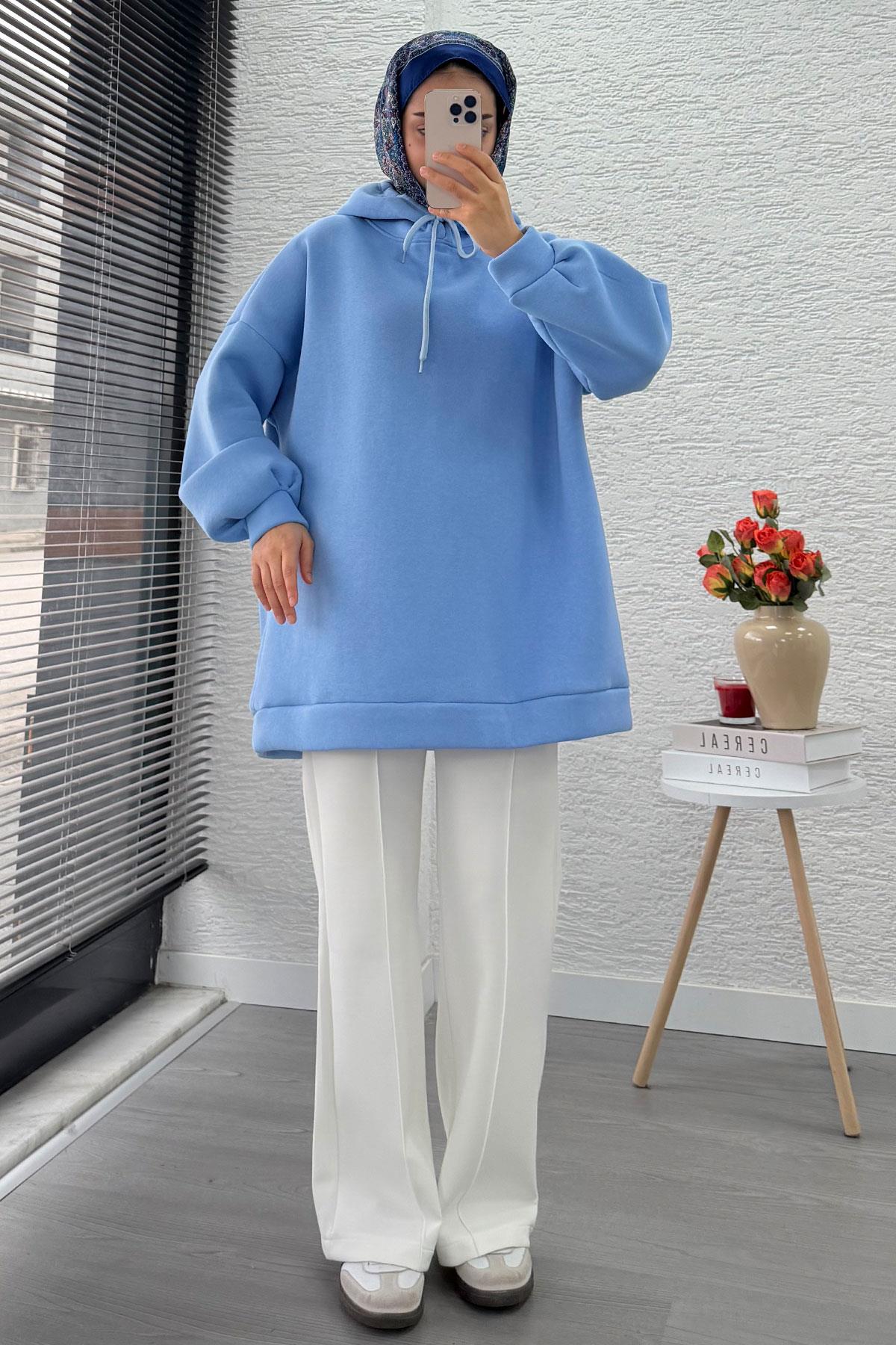 Kapüşonlu Oversize Kadın Sweatshirt - Bebe Mavi