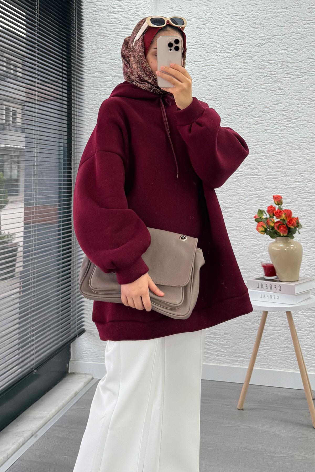 Kapüşonlu Oversize Kadın Sweatshirt - Bordo