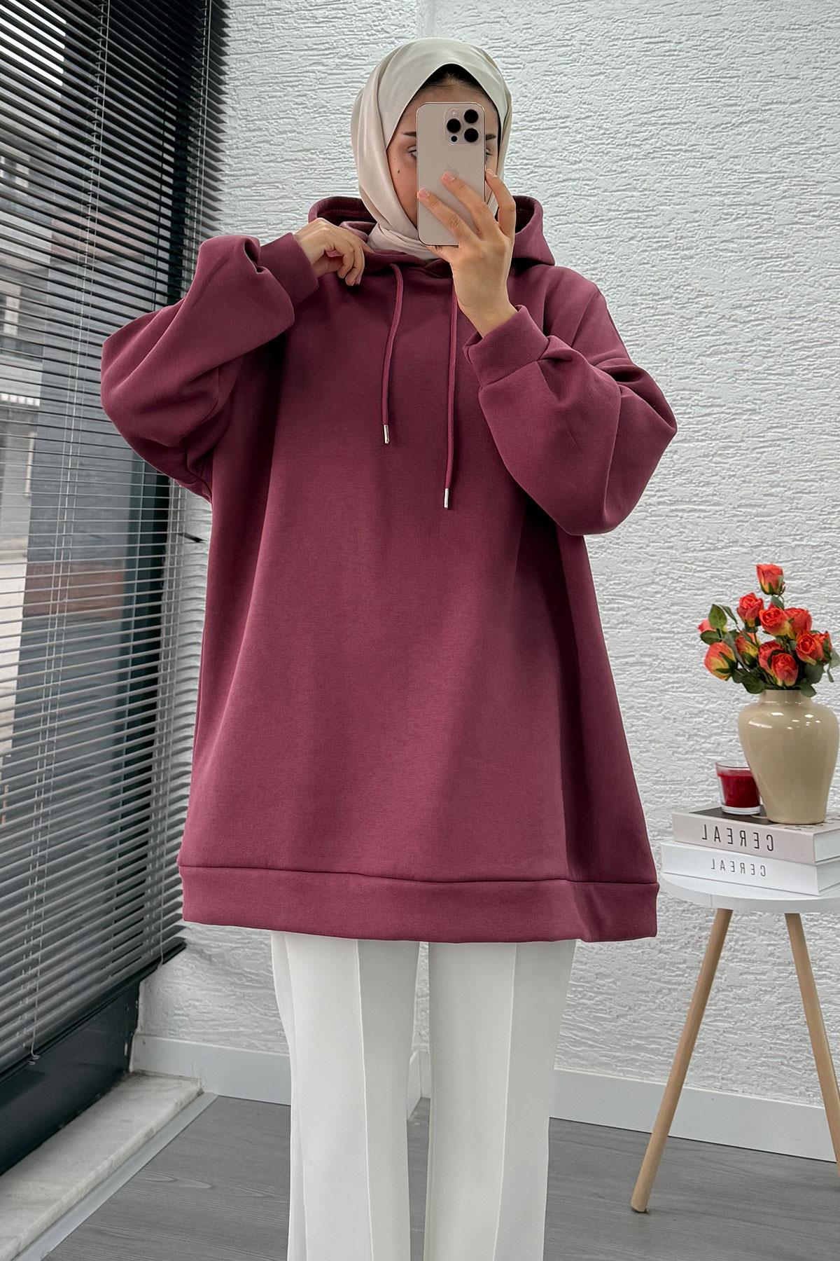 Kapüşonlu Oversize Kadın Sweatshirt - Gülkurusu