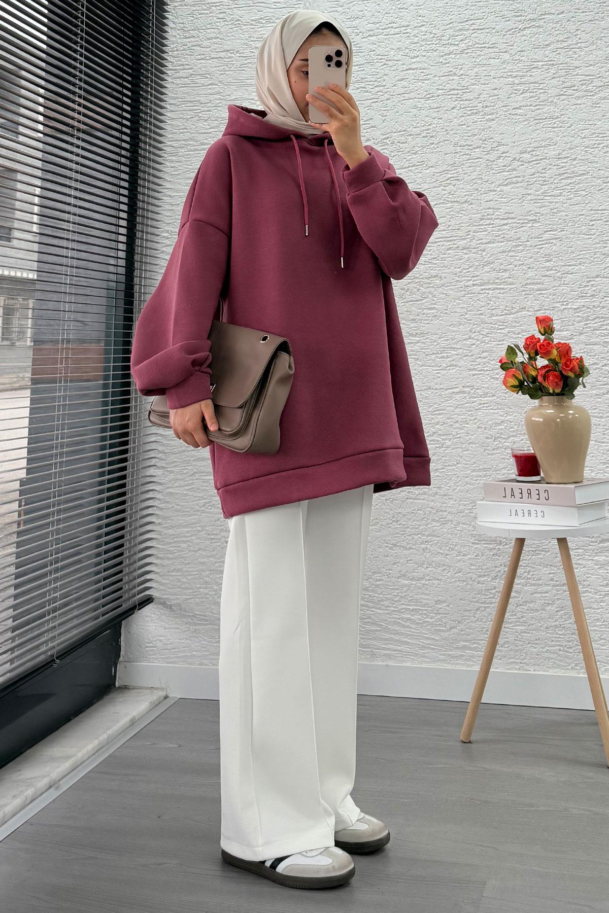 Kapüşonlu Oversize Kadın Sweatshirt - Gülkurusu