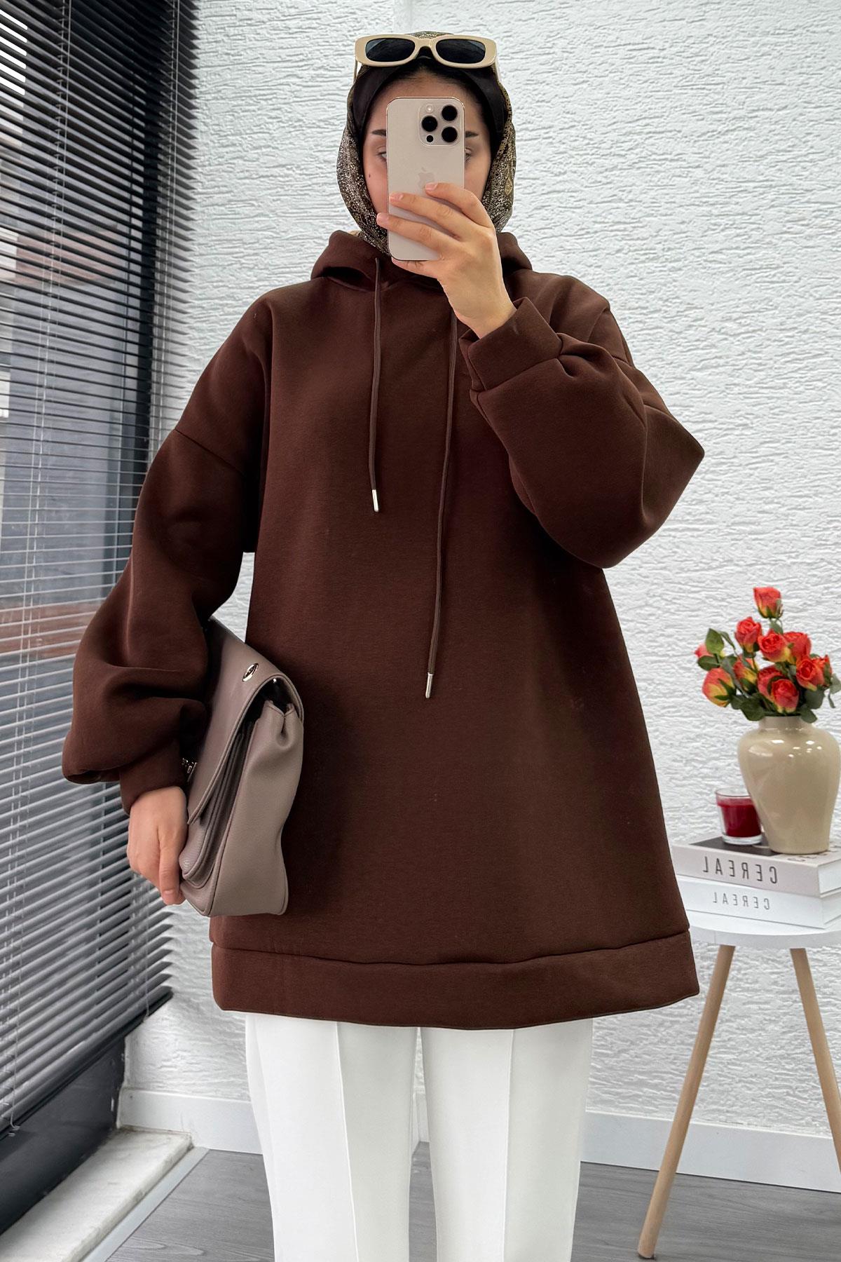 Kapüşonlu Oversize Kadın Sweatshirt - Kahverengi