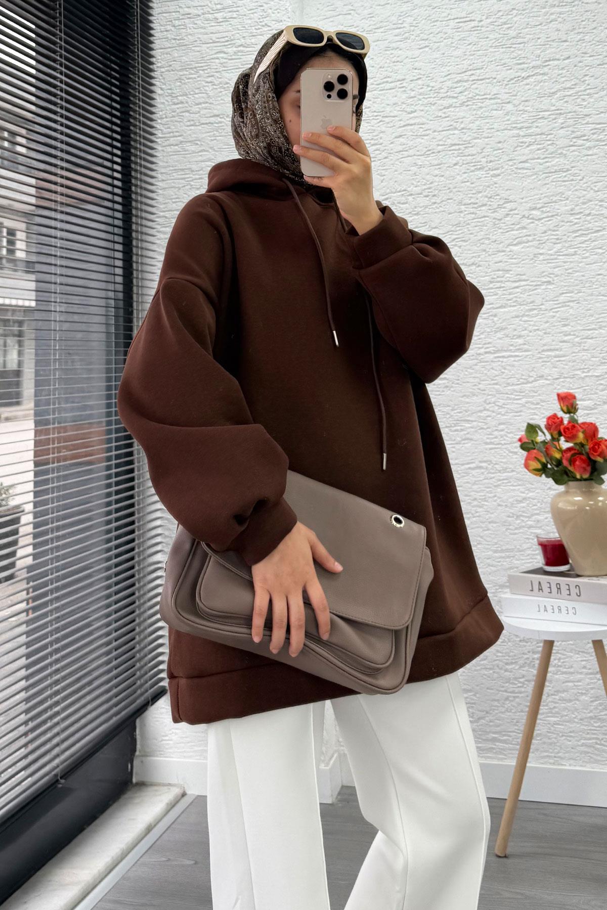 Kapüşonlu Oversize Kadın Sweatshirt - Kahverengi