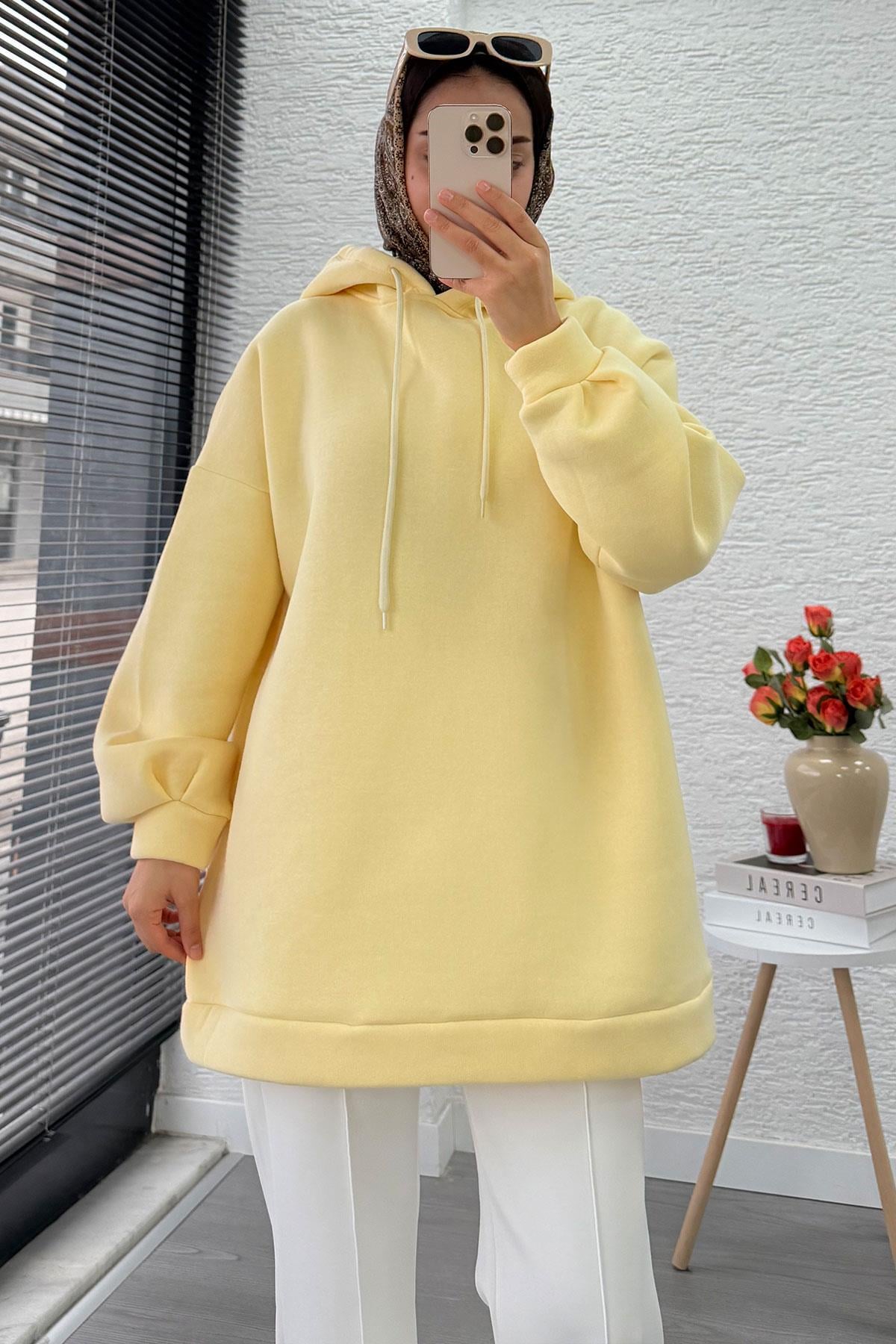 Kapüşonlu Oversize Kadın Sweatshirt - Sarı