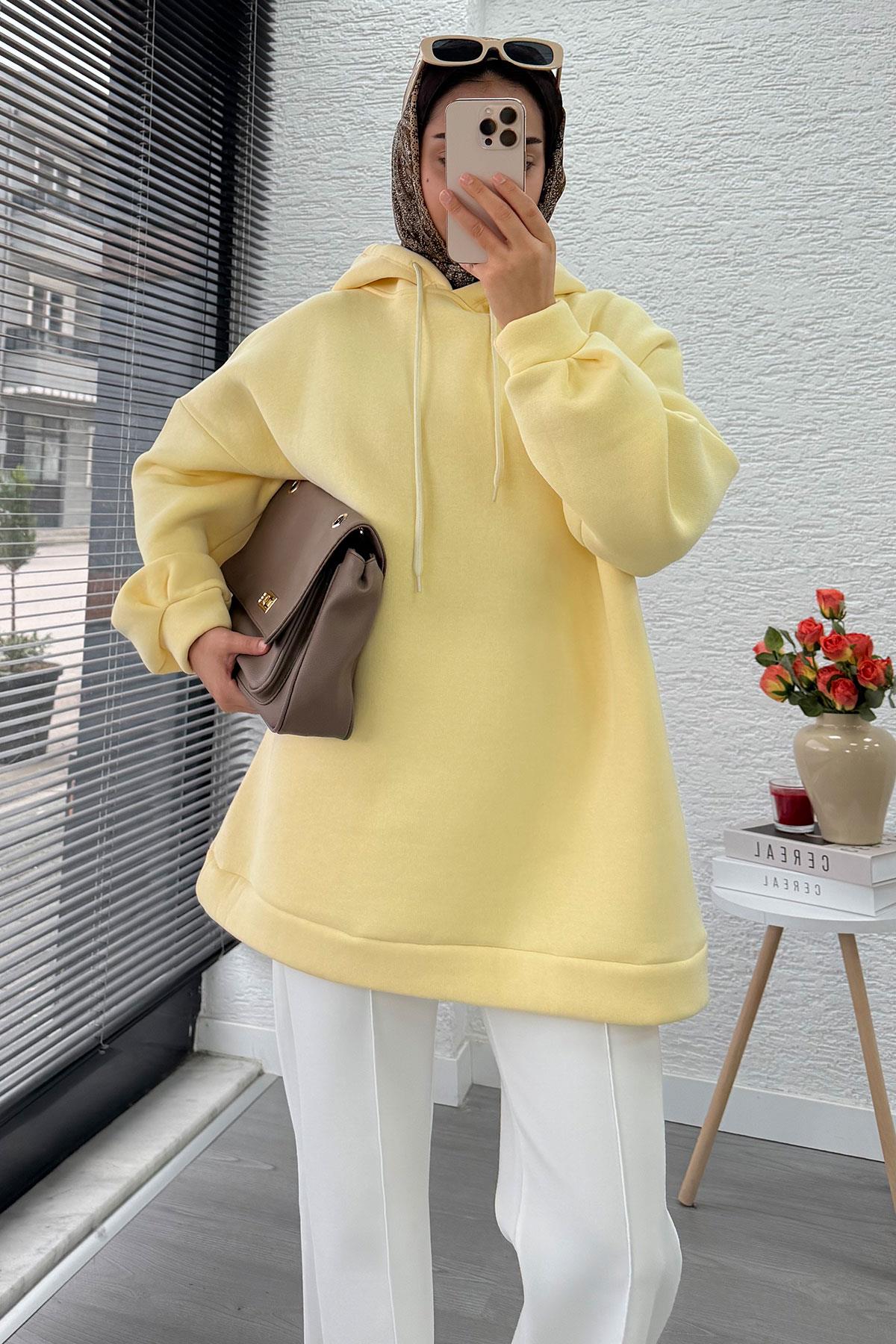 Kapüşonlu Oversize Kadın Sweatshirt - Sarı