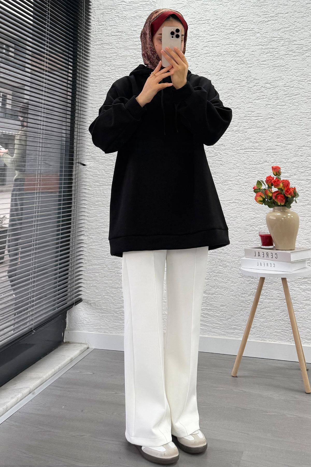 Kapüşonlu Oversize Kadın Sweatshirt - Siyah