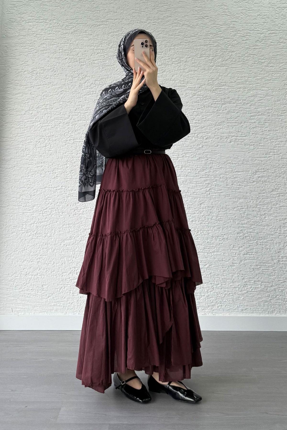 Katlı Bohem Vual Etek -Bordo