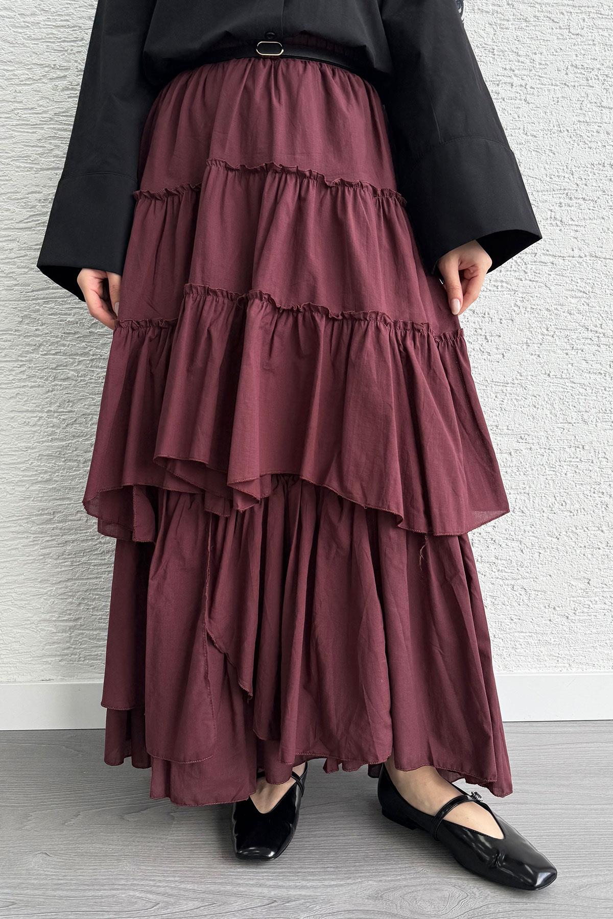 Katlı Bohem Vual Etek -Bordo