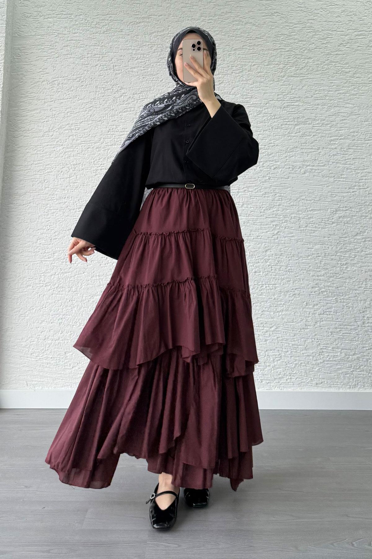 Katlı Bohem Vual Etek -Bordo
