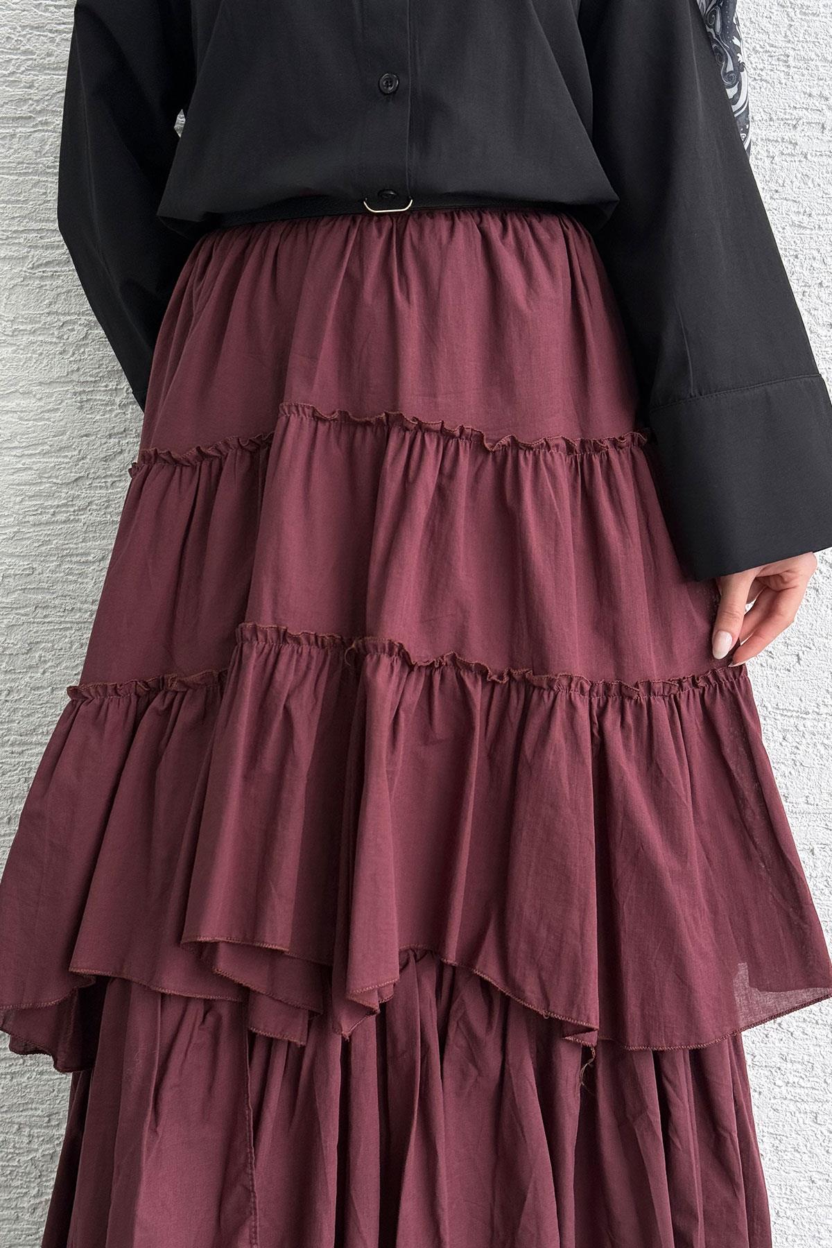 Katlı Bohem Vual Etek -Bordo