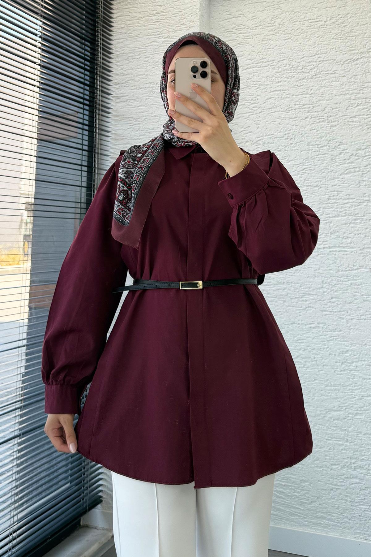 Kemer Detaylı Poplin Tunik Gömlek -Bordo