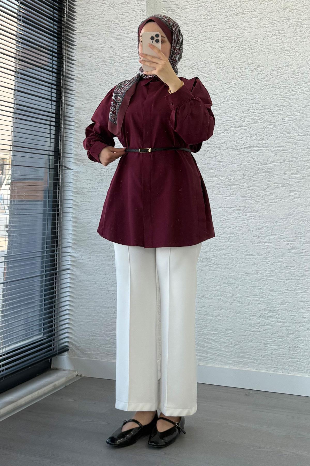 Kemer Detaylı Poplin Tunik Gömlek -Bordo