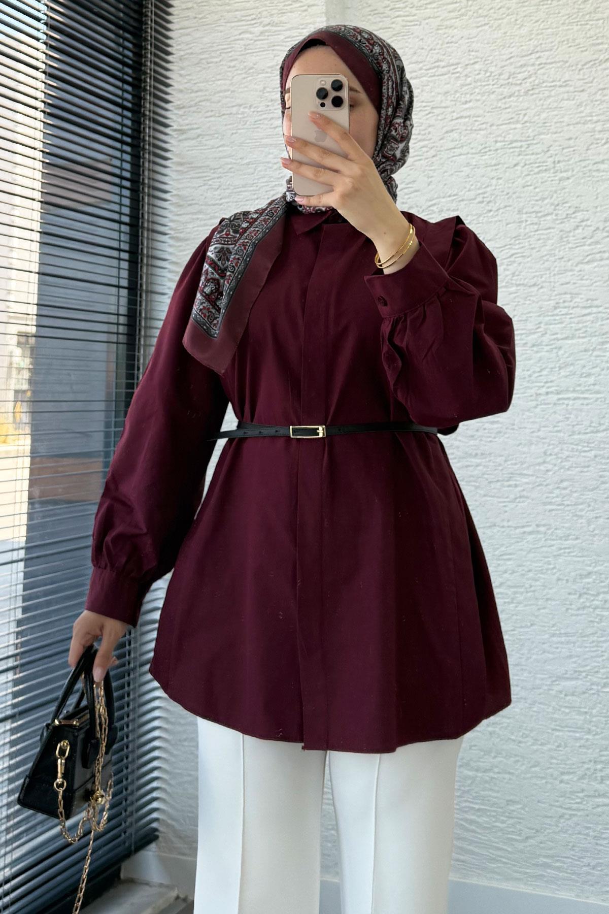 Kemer Detaylı Poplin Tunik Gömlek -Bordo