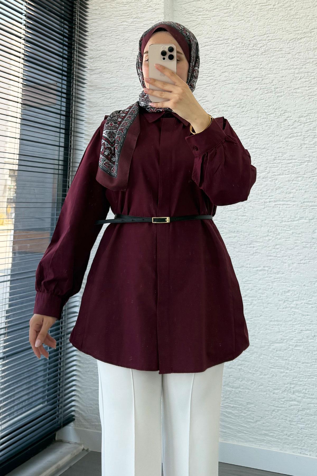 Kemer Detaylı Poplin Tunik Gömlek -Bordo