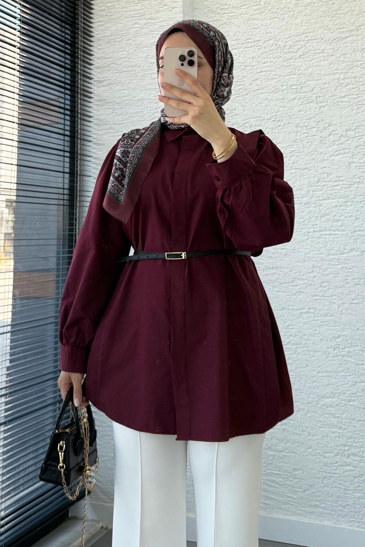 Kemer Detaylı Poplin Tunik Gömlek -Bordo