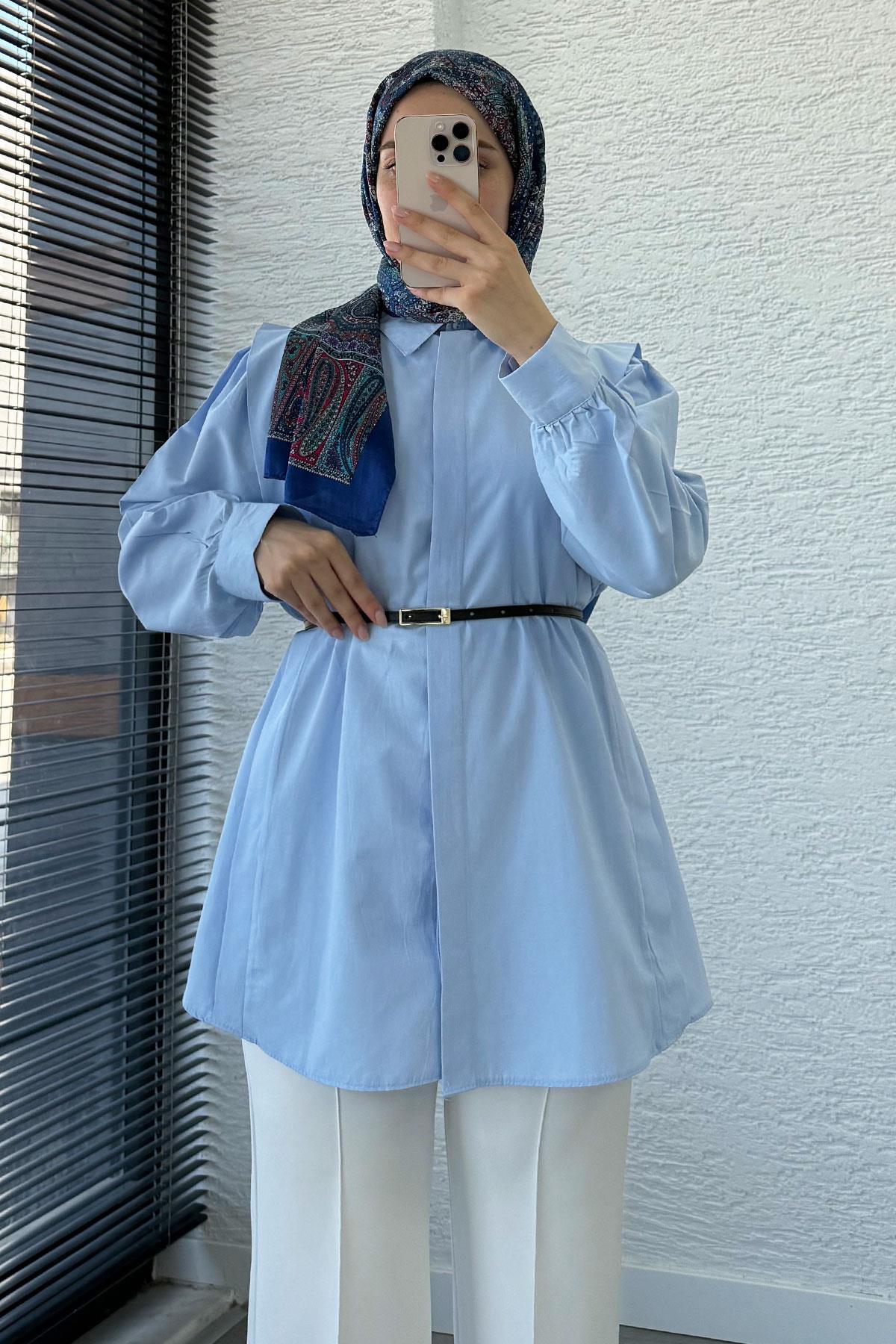 Kemer Detaylı Poplin Tunik Gömlek -Mavi