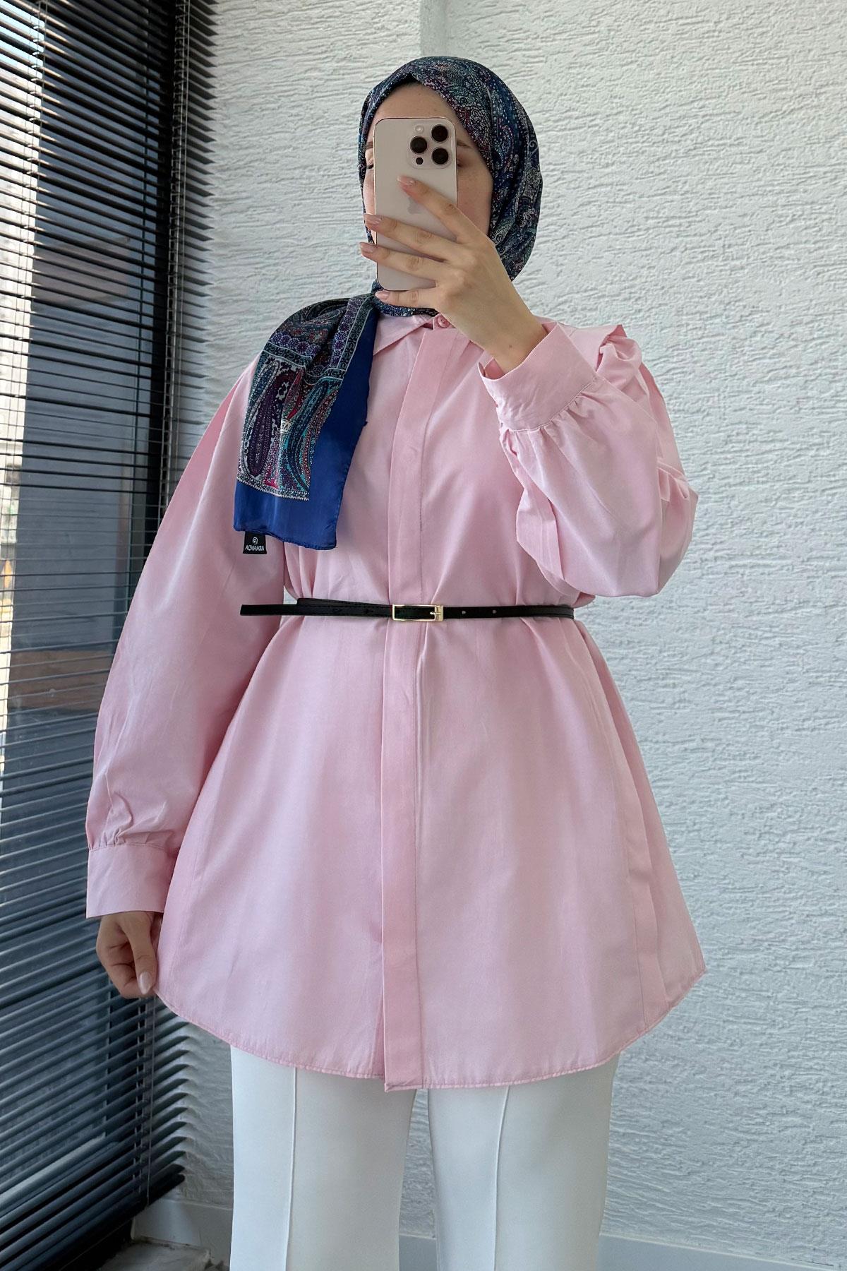 Kemer Detaylı Poplin Tunik Gömlek -Pembe