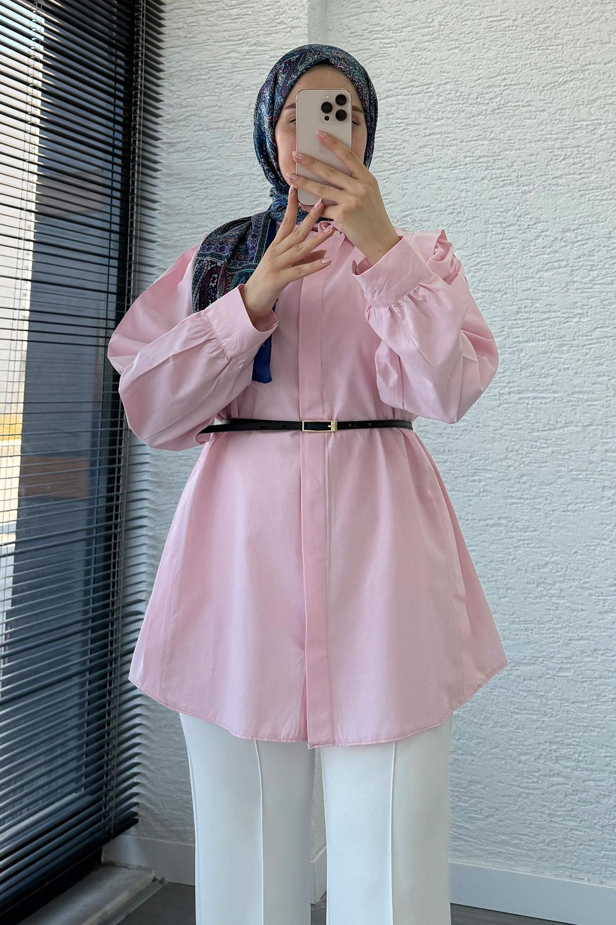 Kemer Detaylı Poplin Tunik Gömlek -Pembe