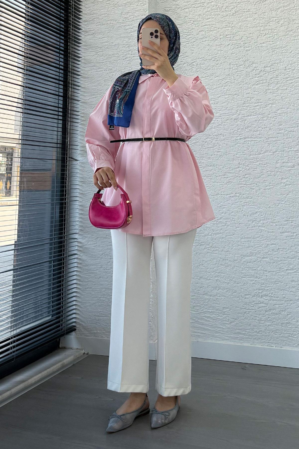 Kemer Detaylı Poplin Tunik Gömlek -Pembe