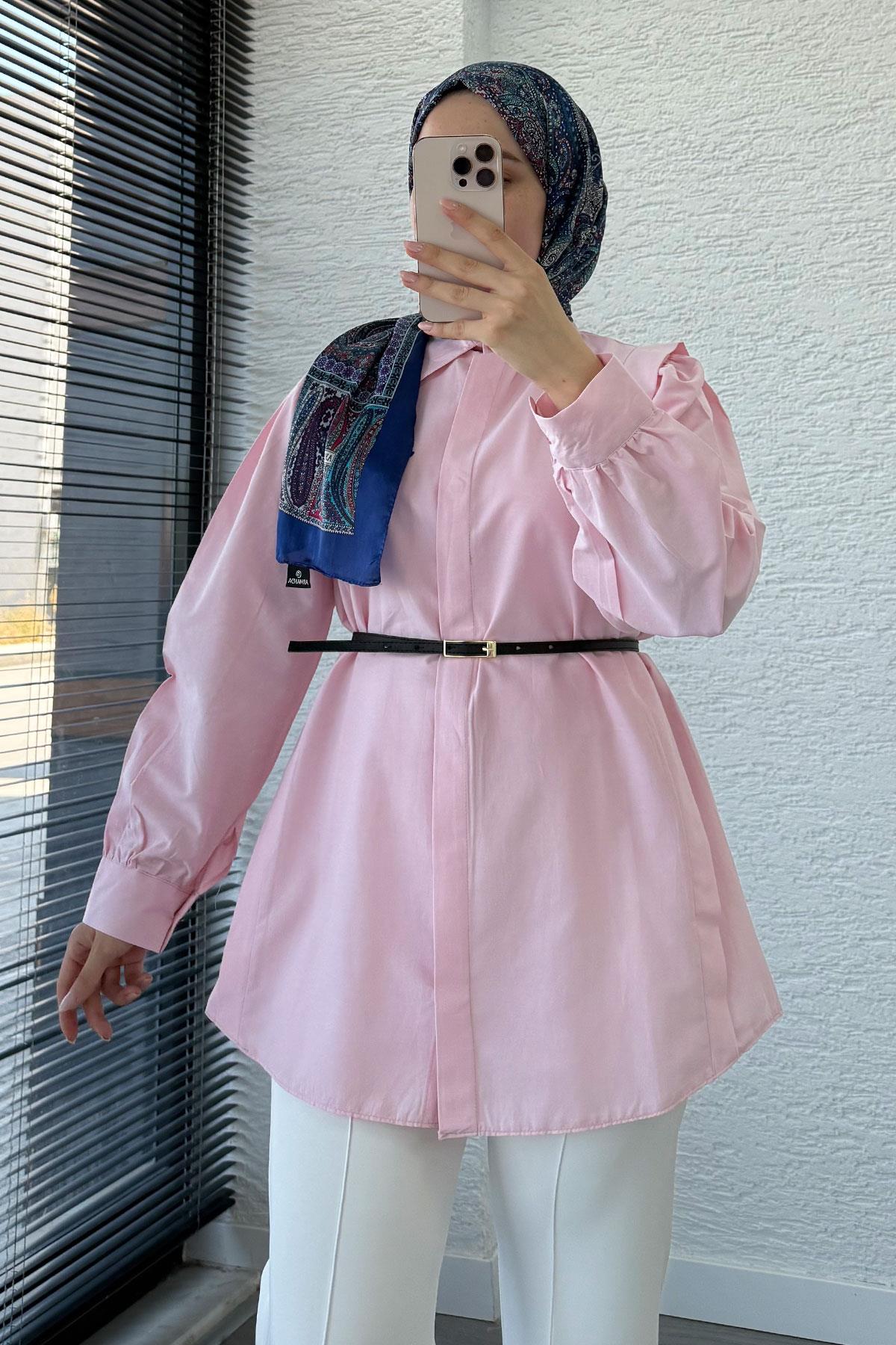 Kemer Detaylı Poplin Tunik Gömlek -Pembe
