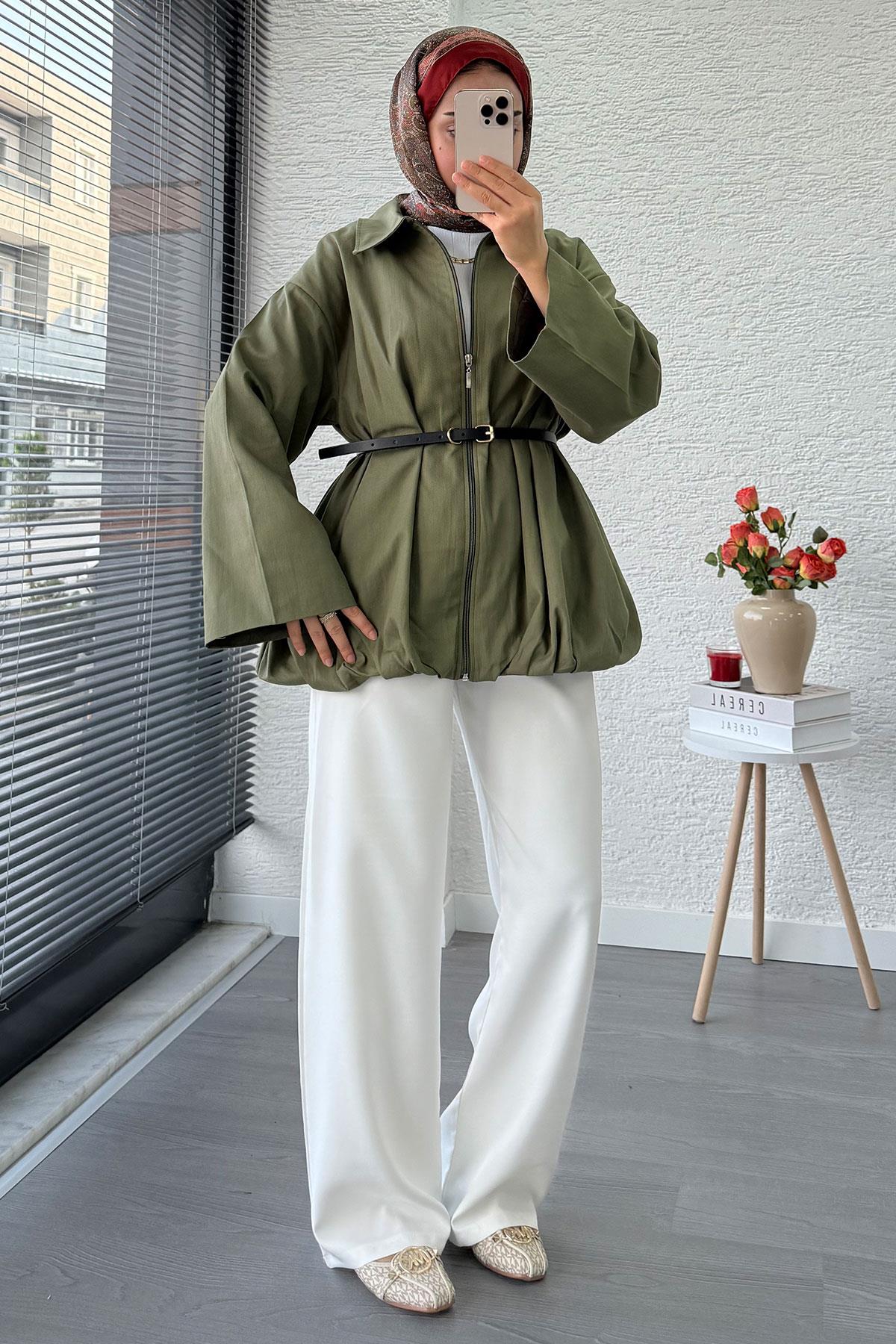 Kemerli Gabardin Kadın Bomber Ceket – Haki