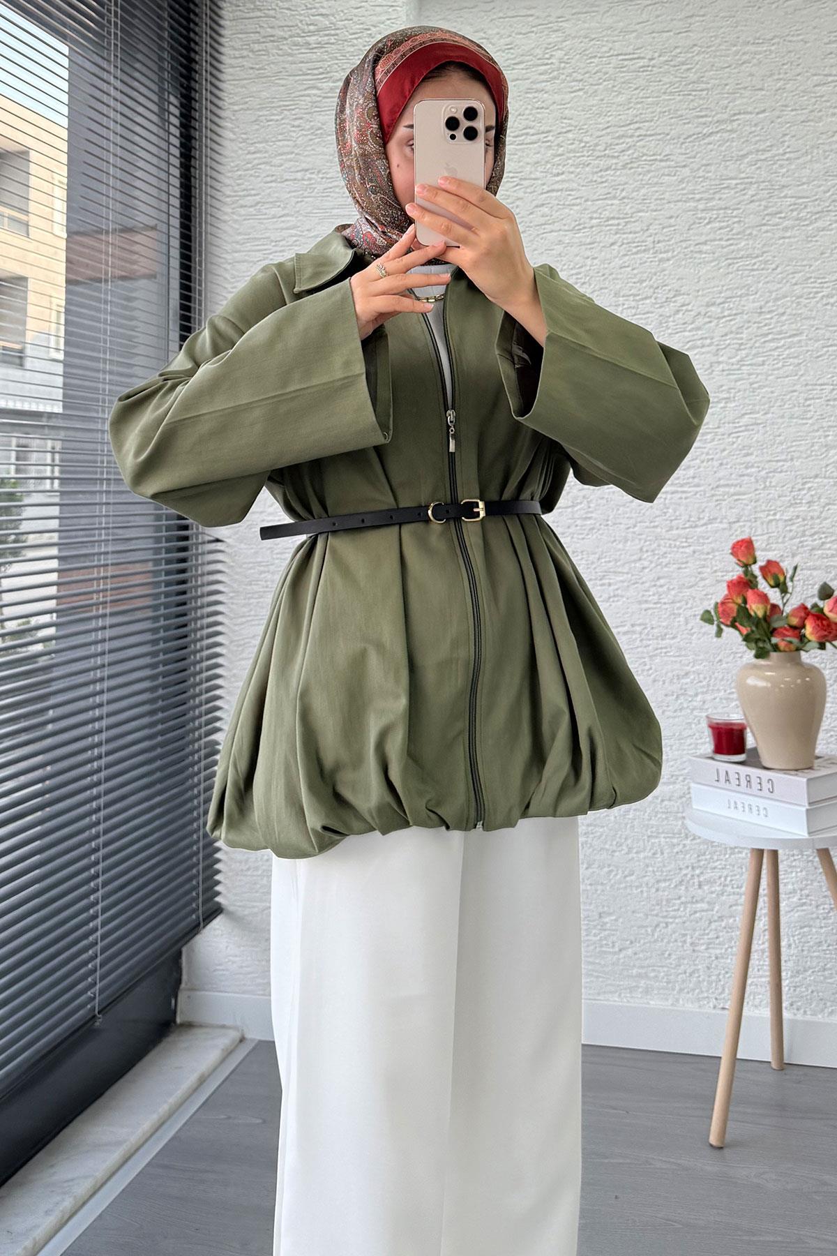 Kemerli Gabardin Kadın Bomber Ceket – Haki