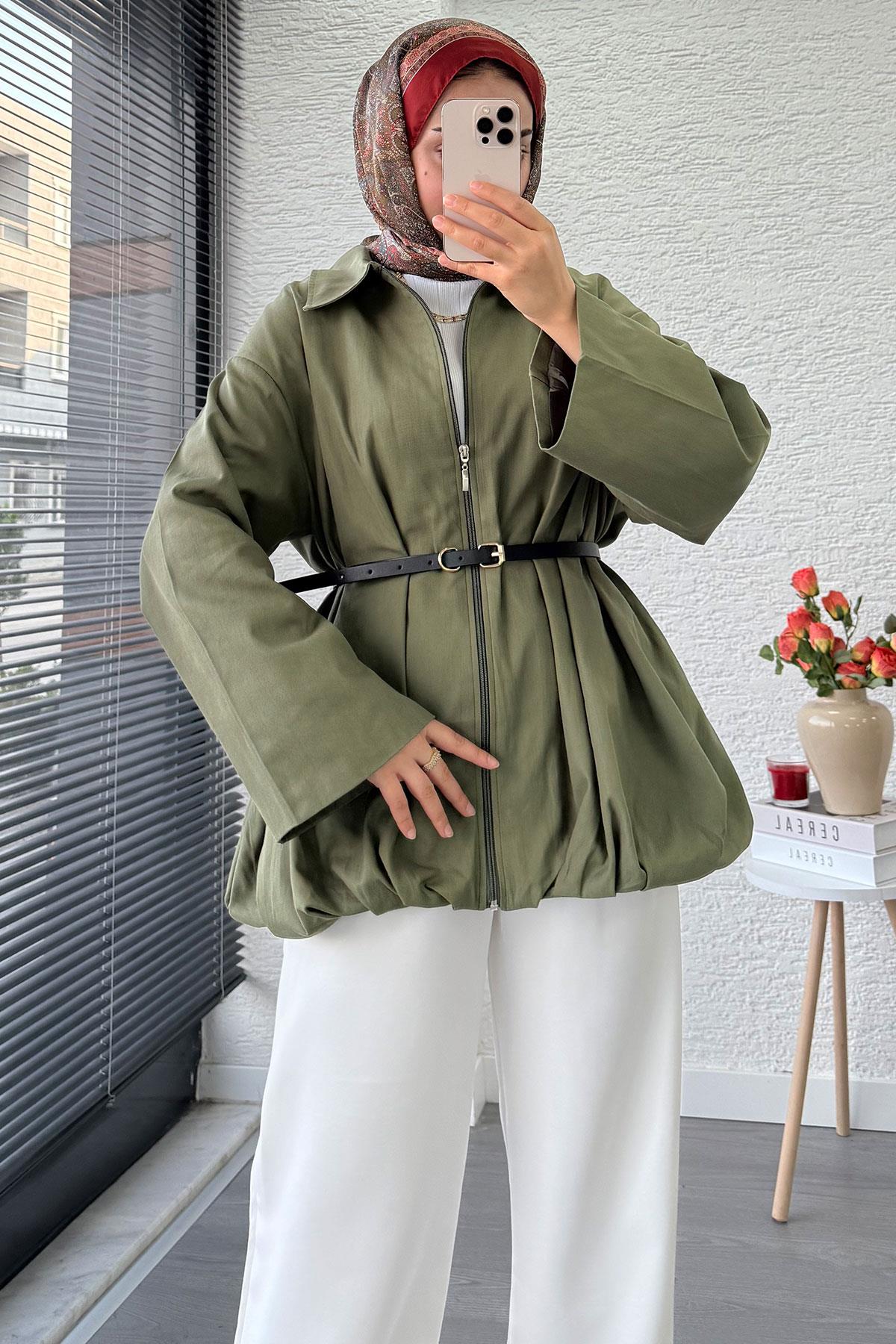 Kemerli Gabardin Kadın Bomber Ceket – Haki